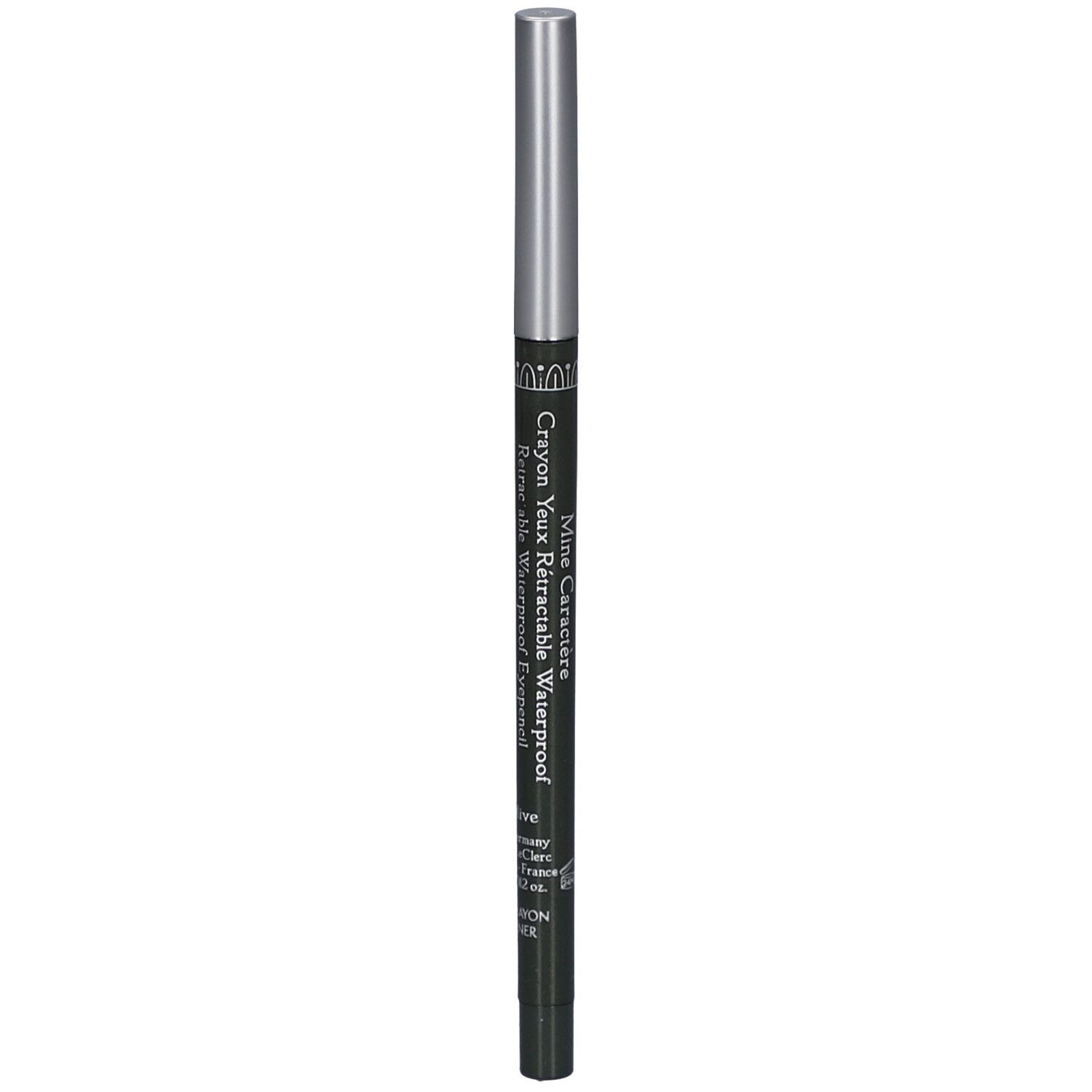 Dunkelgrüner, ausziehbarer Augenstift mit silberner Kappe. Aufschrift: Mine Caractère, Crayon Yeux Rétractable Waterproof.