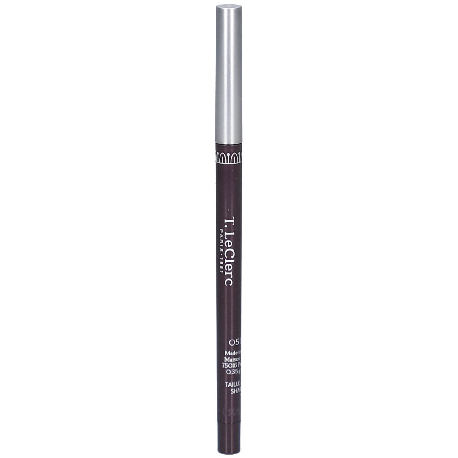 Dunkelbrauner, ausziehbarer Augenstift mit silberner Kappe. Auf dem Stift steht "T.LeClerc Paris".