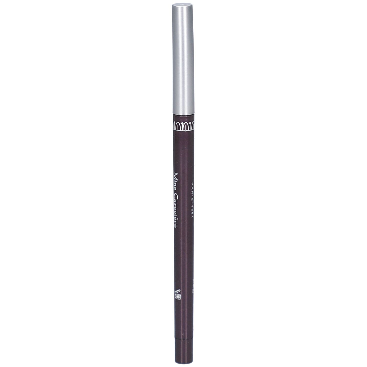 Dunkelbrauner, ausziehbarer Augenstift mit silberner Kappe. Auf dem Stift steht "Mine Caractère".
