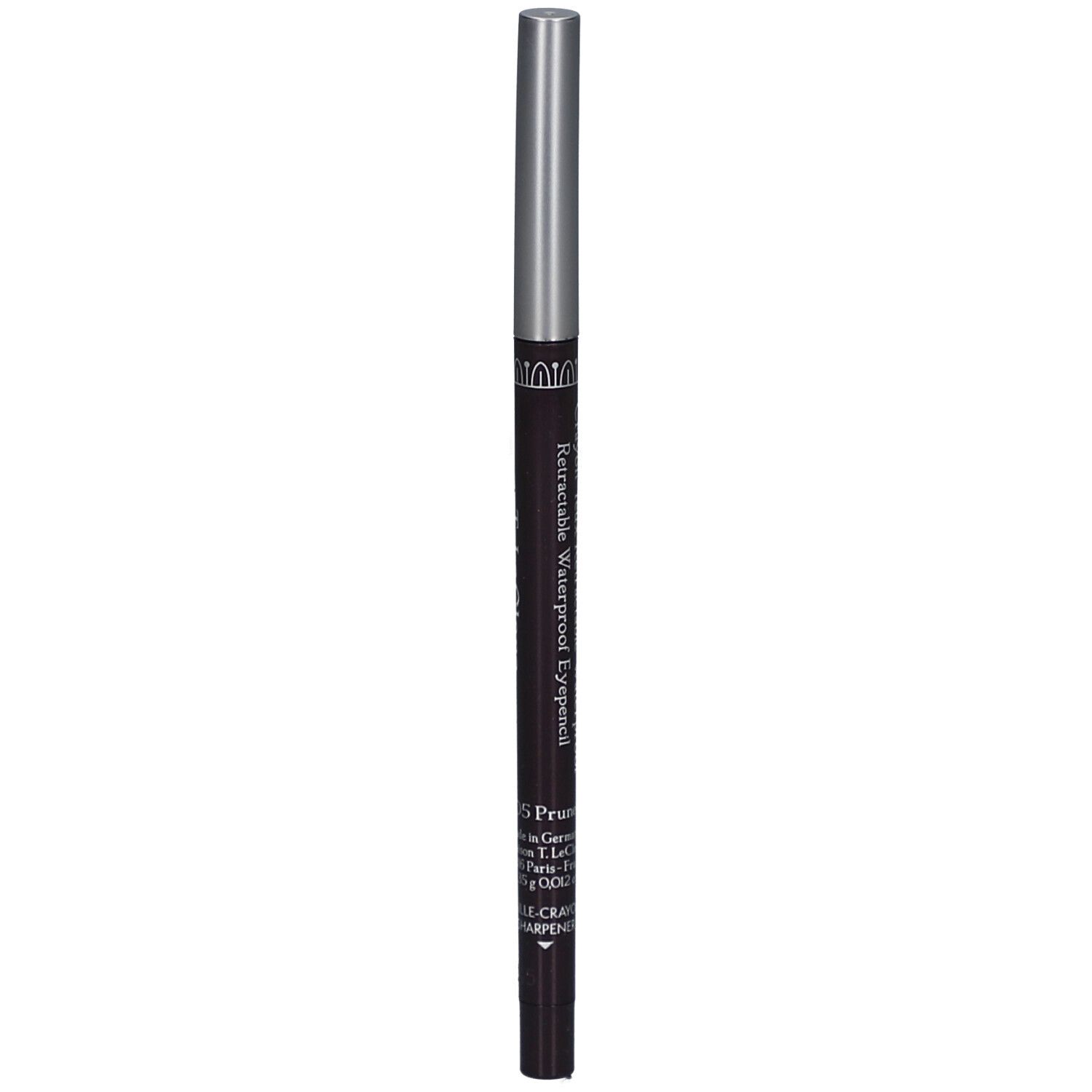 Dunkelbrauner, ausziehbarer, wasserfester Augenstift mit silberner Kappe. Aufschrift: "Rétractable Waterproof Eyelipencil".