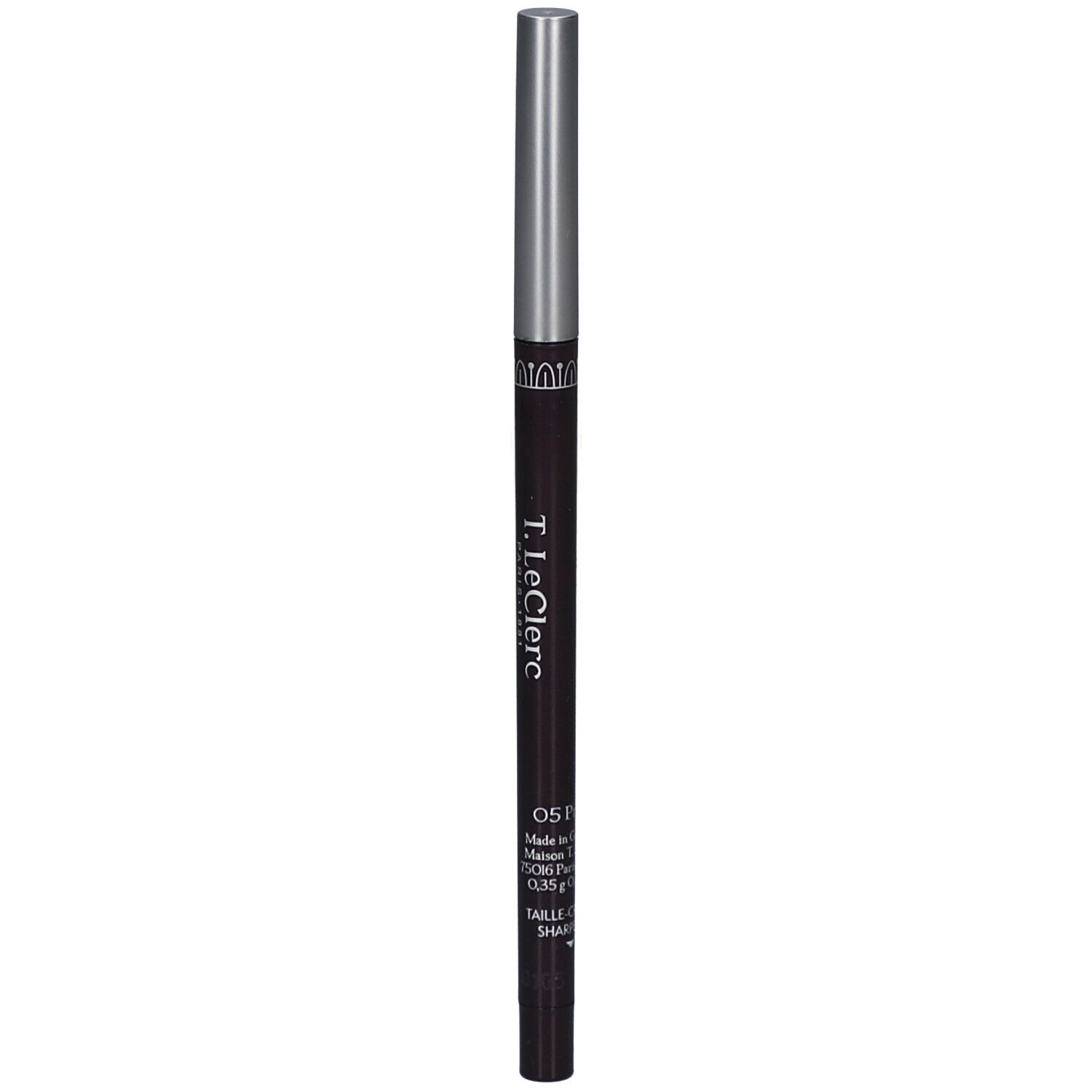 Dunkelbrauner, ausziehbarer Augenstift mit silberner Kappe. Aufschrift: "T.LeClerc Paris". Farbe: 05 Prune.