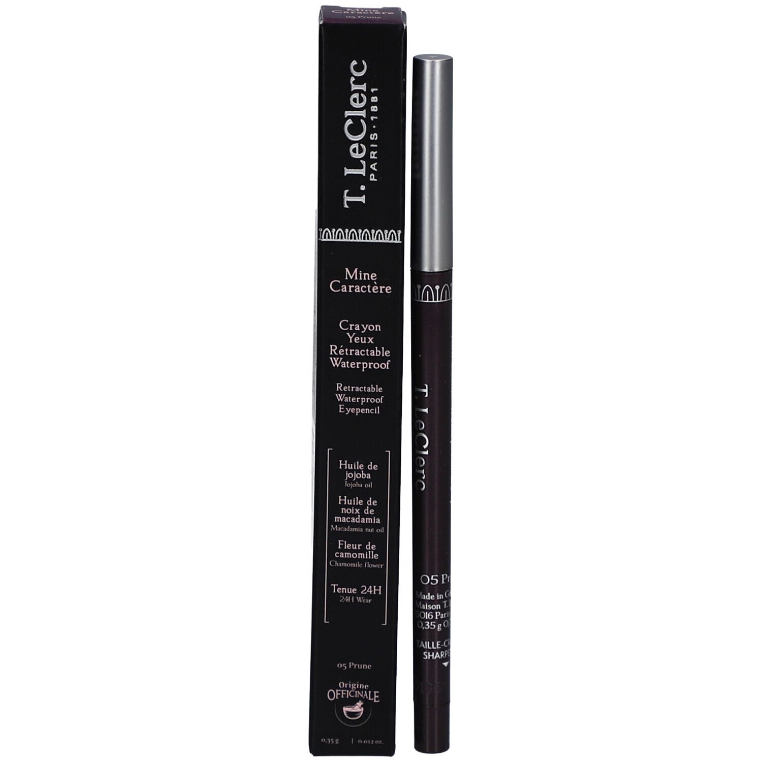 Schwarze Verpackung mit dunkelbraunem, ausziehbarem Augenstift. Aufschrift: "T.LeClerc Paris". Produktname und Inhaltsstoffe.
