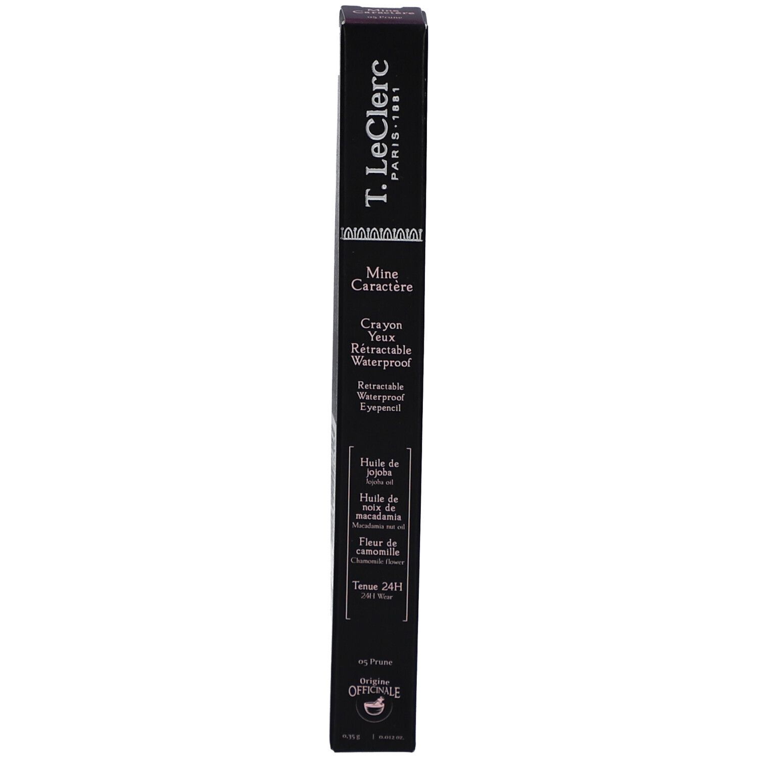 Schwarze Verpackung mit Produktinformationen. Aufschrift: "T.LeClerc Paris". Produktname, Inhaltsstoffe und Zertifizierung.