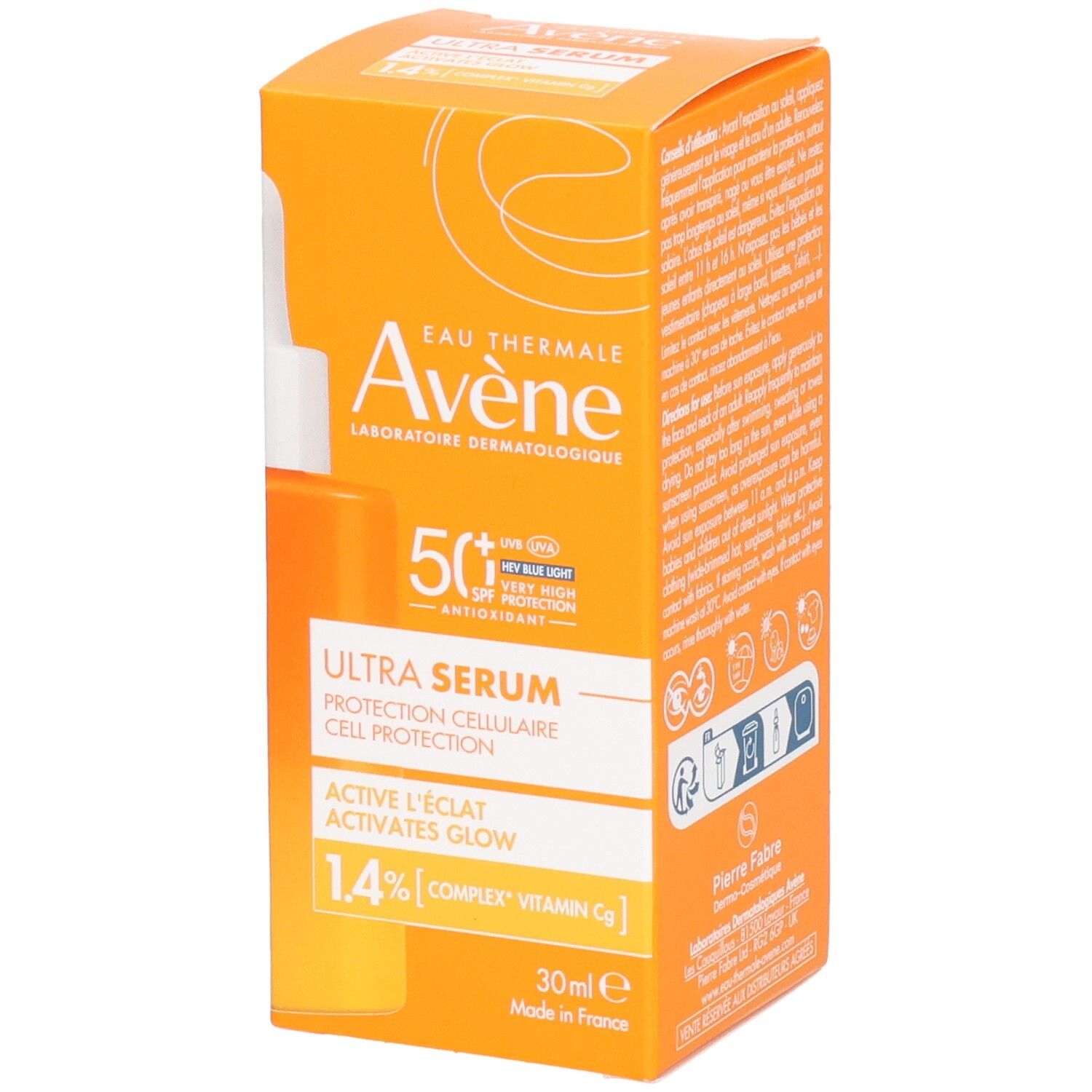 Verpackung von Avène Solaire Ultra Serum SPF50+. Orangefarbene Schachtel mit Produktinformationen.
