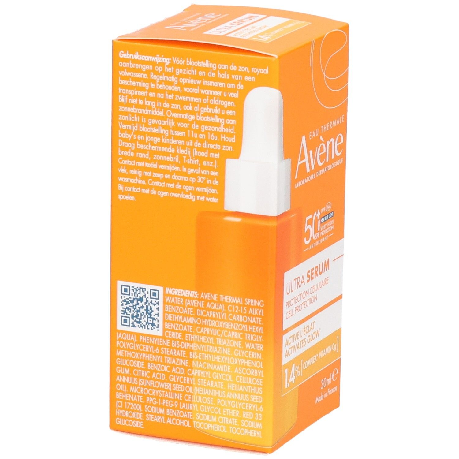 Rückseite der Verpackung von Avène Solaire Ultra Serum SPF50+. Text und Inhaltsstoffe.