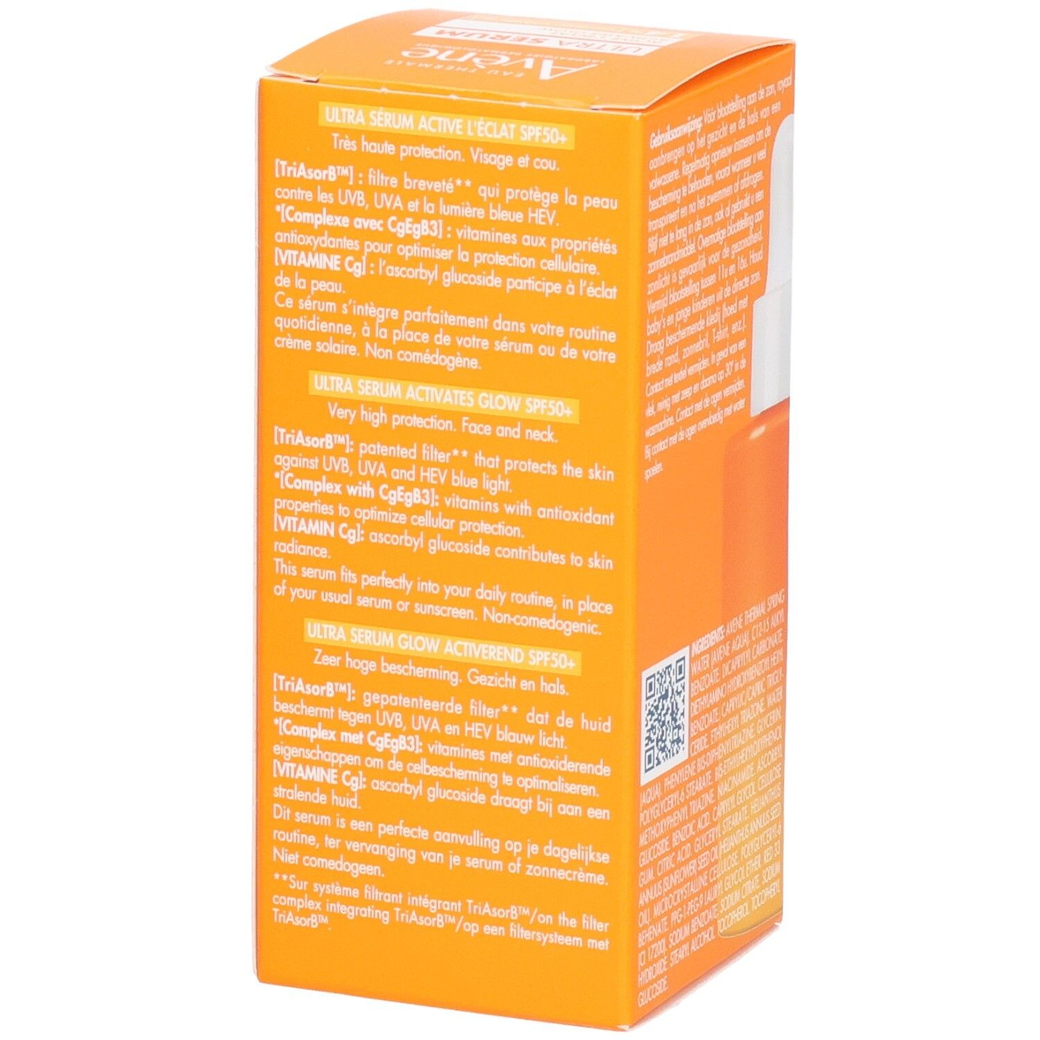 Seite der Verpackung von Avène Solaire Ultra Serum SPF50+. Produktbeschreibung in verschiedenen Sprachen.