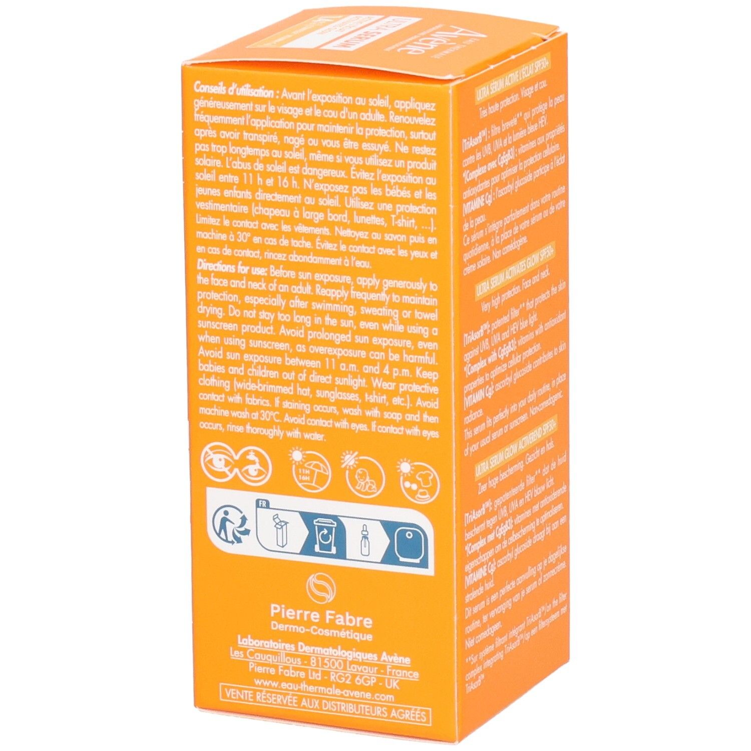 Seite der Verpackung von Avène Solaire Ultra Serum SPF50+. Anwendungshinweise und Logos.