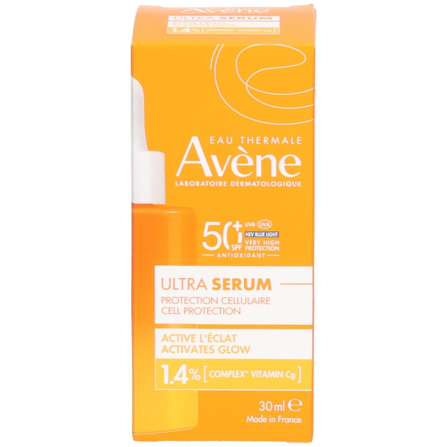 Avène Solaire Ultra Serum SPF50+ Flasche. Orangefarben, mit Produktinformationen.