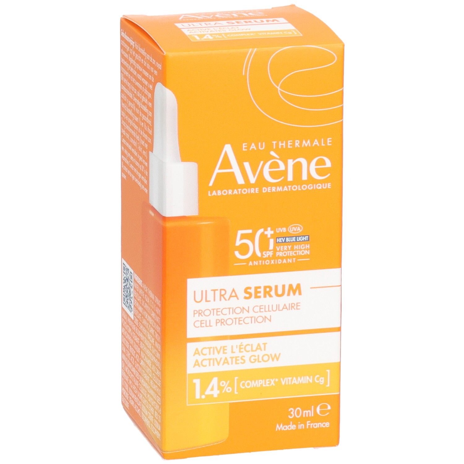 Avène Solaire Ultra Serum SPF50+ Flasche. Orangefarben, mit Produktinformationen.