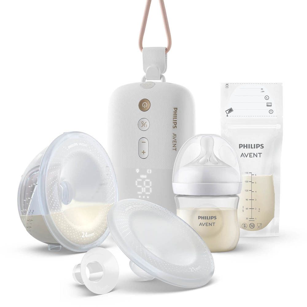 Tire-lait Philips Avent avec biberon, sac et accessoires.