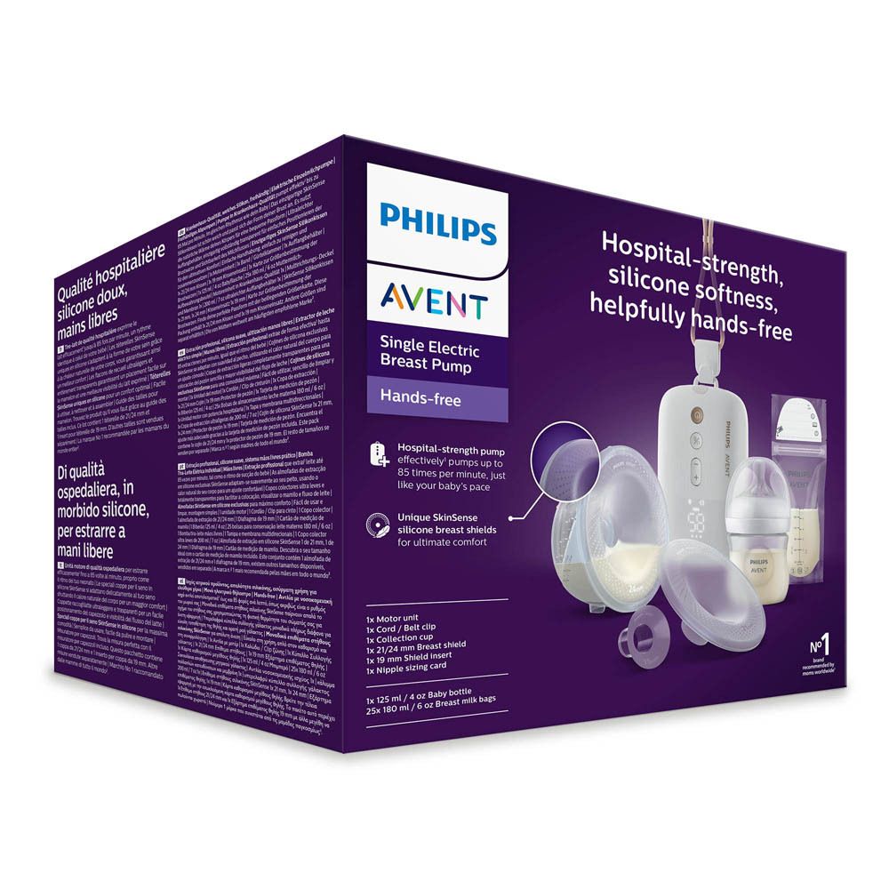 Boîte Philips Avent Tire-lait Électrique Simple avec accessoires, incluant un biberon et des coussinets mammaires en silicone.