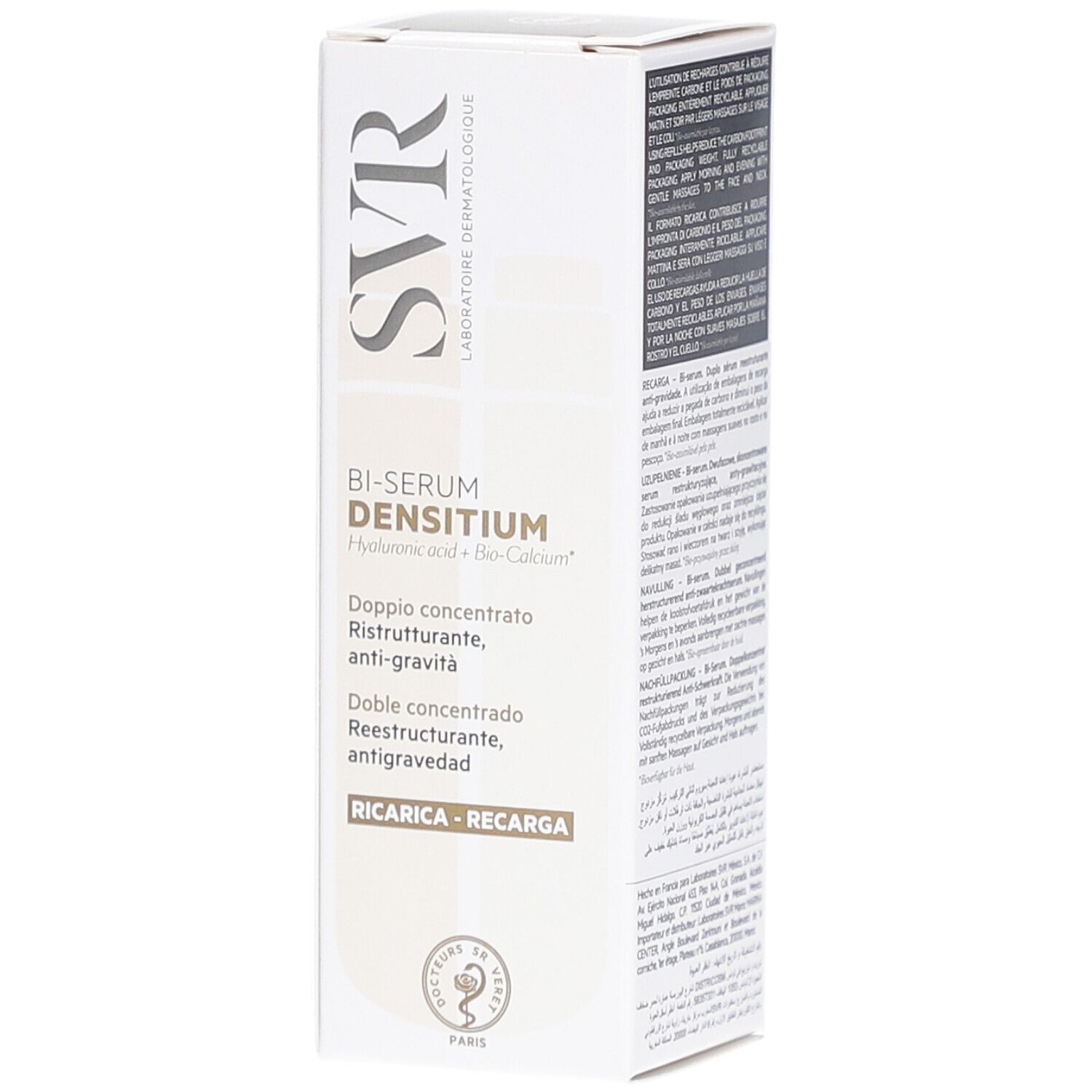 Weiße Schachtel mit Produktnamen und Markennamen. Text in mehreren Sprachen. Produktname: Bi-Serum Densitium.