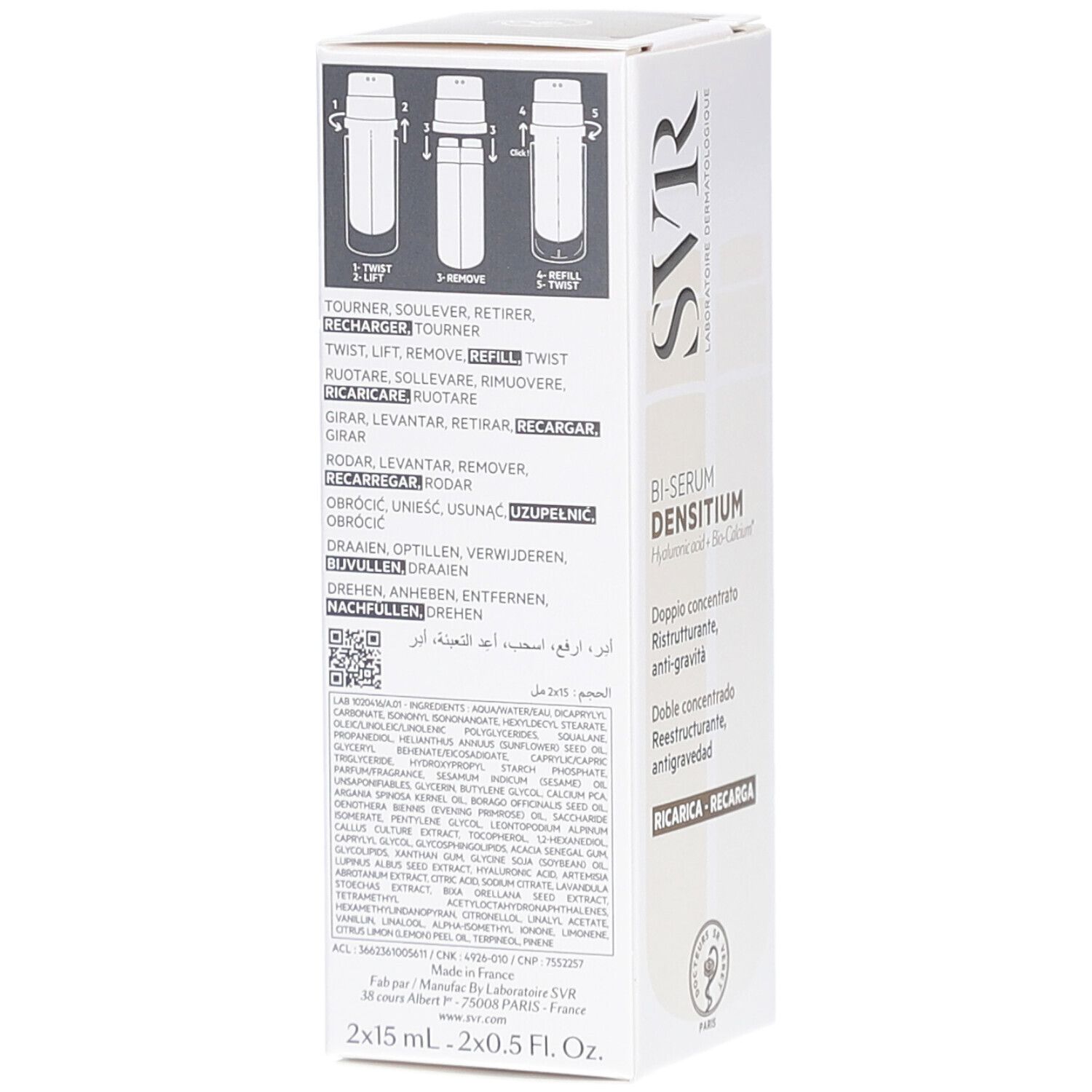 Weiße Schachtel mit Produktinformationen und Anweisungen. Produktname: Bi-Serum Densitium. Mehrsprachiger Text.