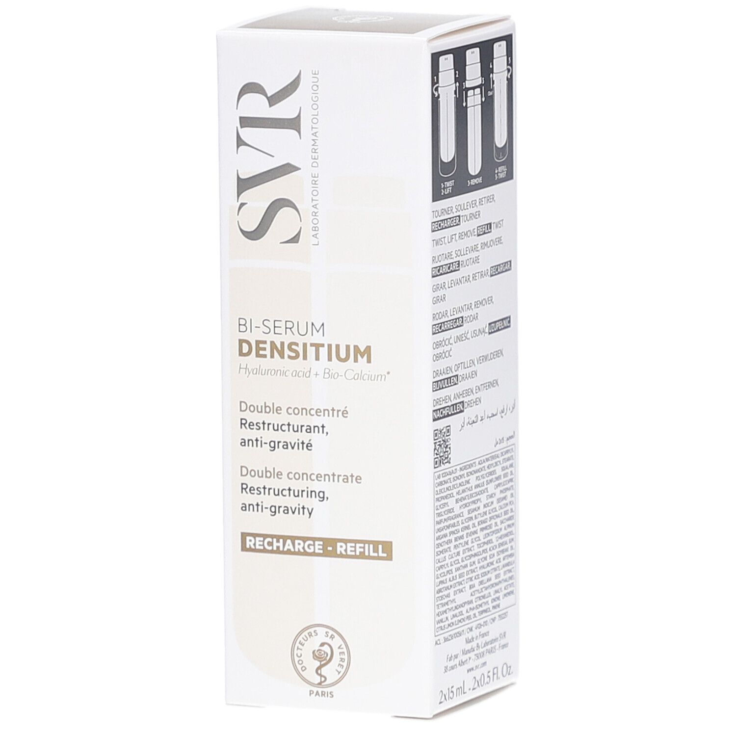 Weiße Schachtel mit Produktnamen und Anweisungen. Produktname: Bi-Serum Densitium. Mehrsprachiger Text.