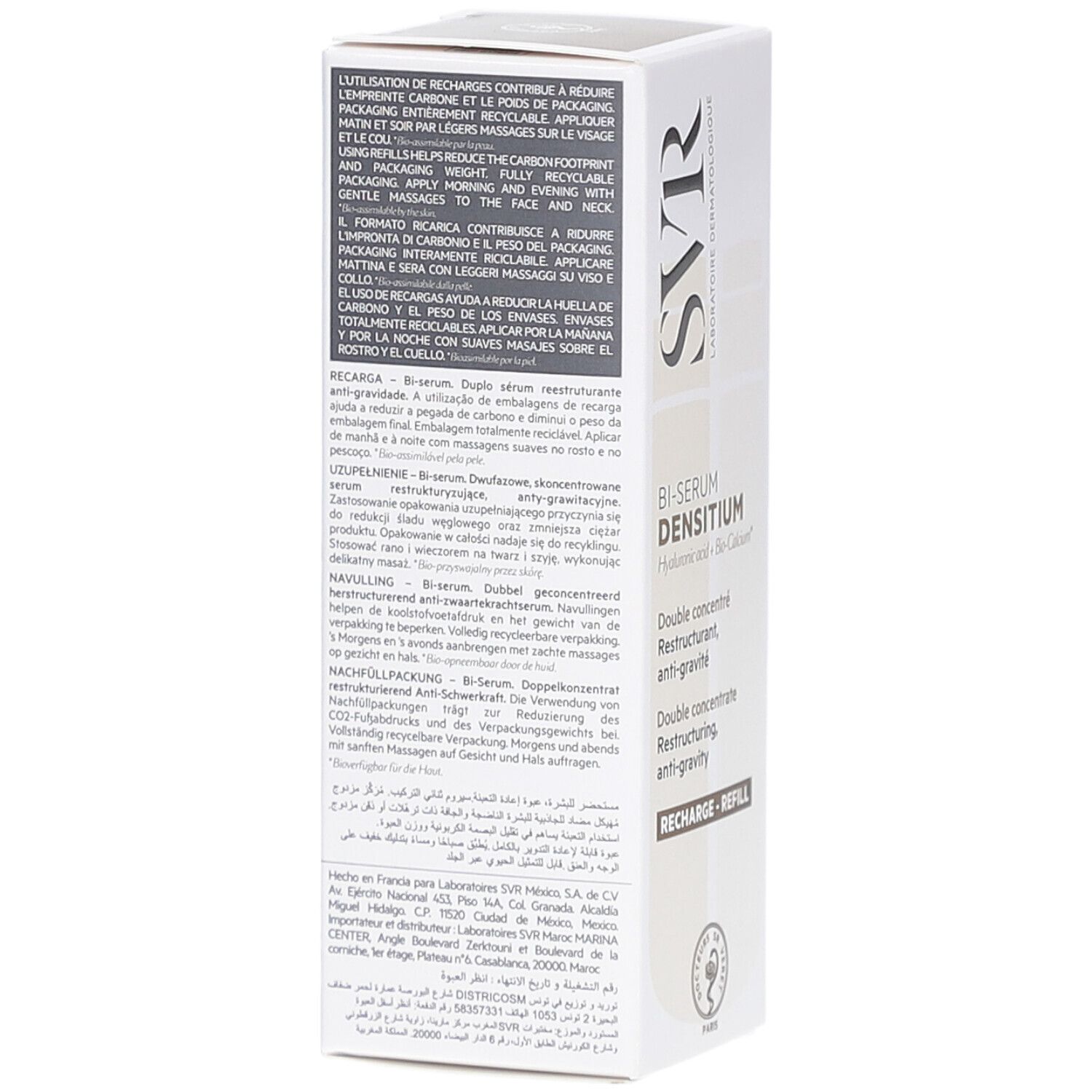 Weiße Schachtel mit Produktinformationen und Anweisungen. Produktname: Bi-Serum Densitium. Mehrsprachiger Text.