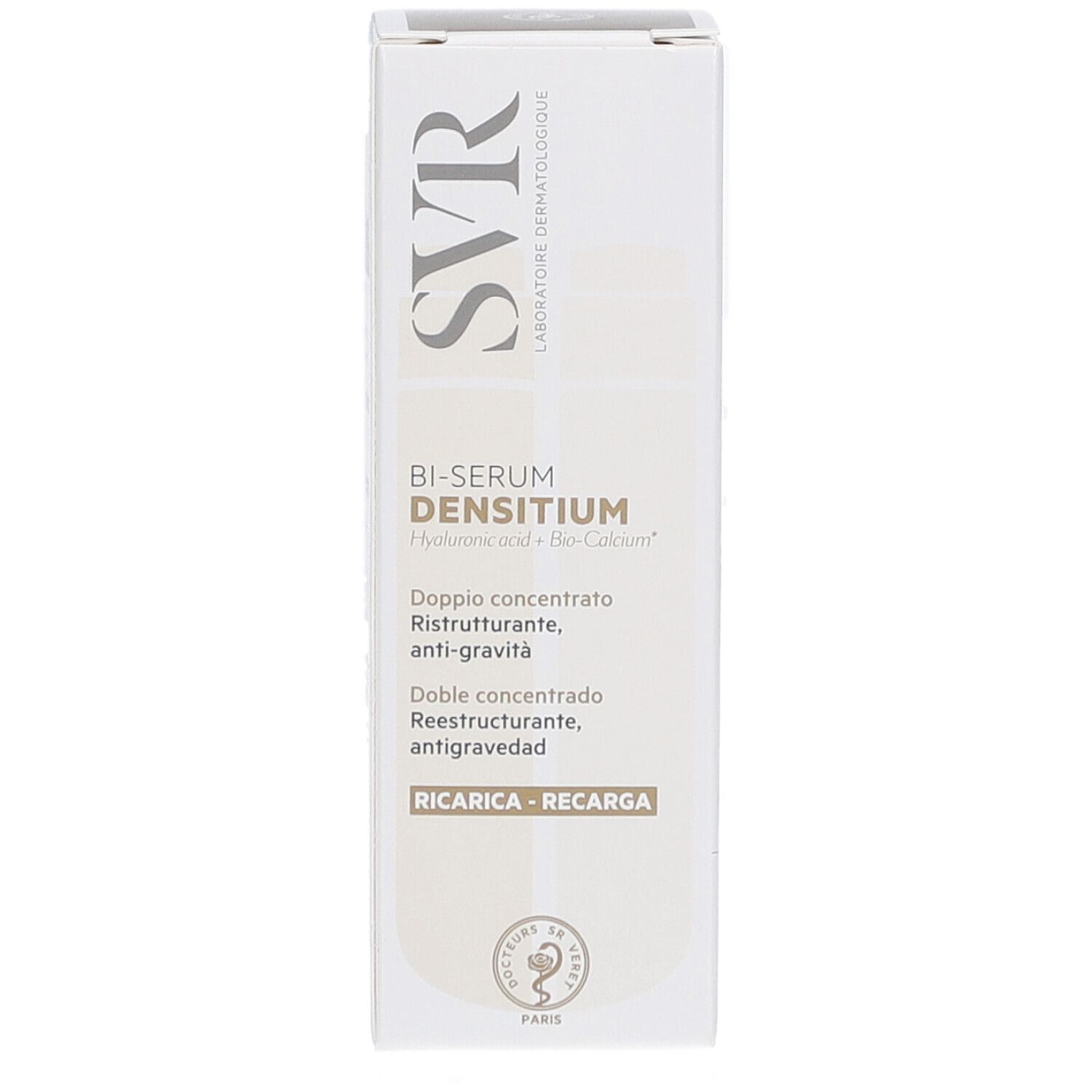 Weiße Schachtel mit Produktnamen und Markennamen. Text in mehreren Sprachen. Produktname: Bi-Serum Densitium.
