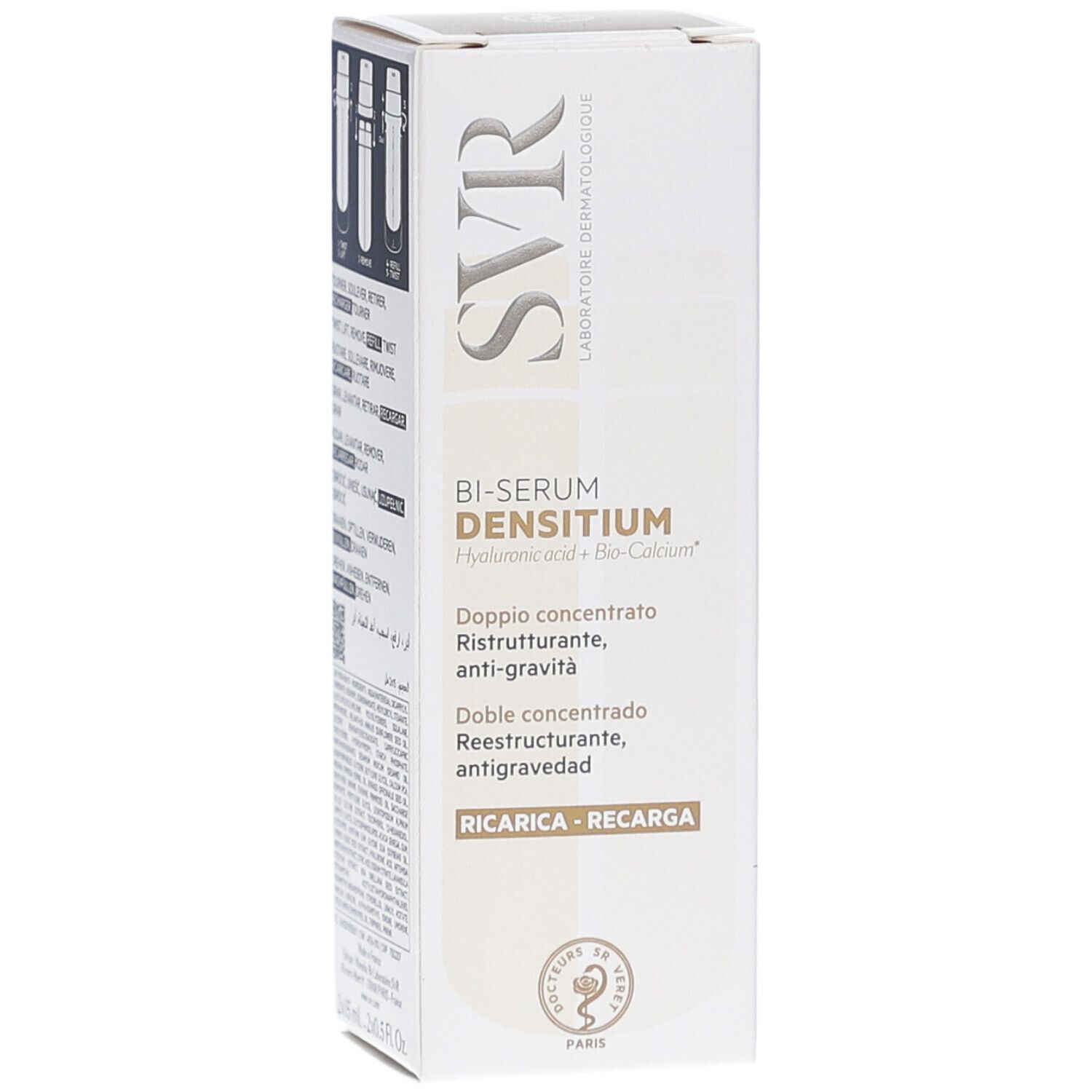 Weiße Schachtel mit Produktnamen und Anweisungen. Produktname: Bi-Serum Densitium. Mehrsprachiger Text.