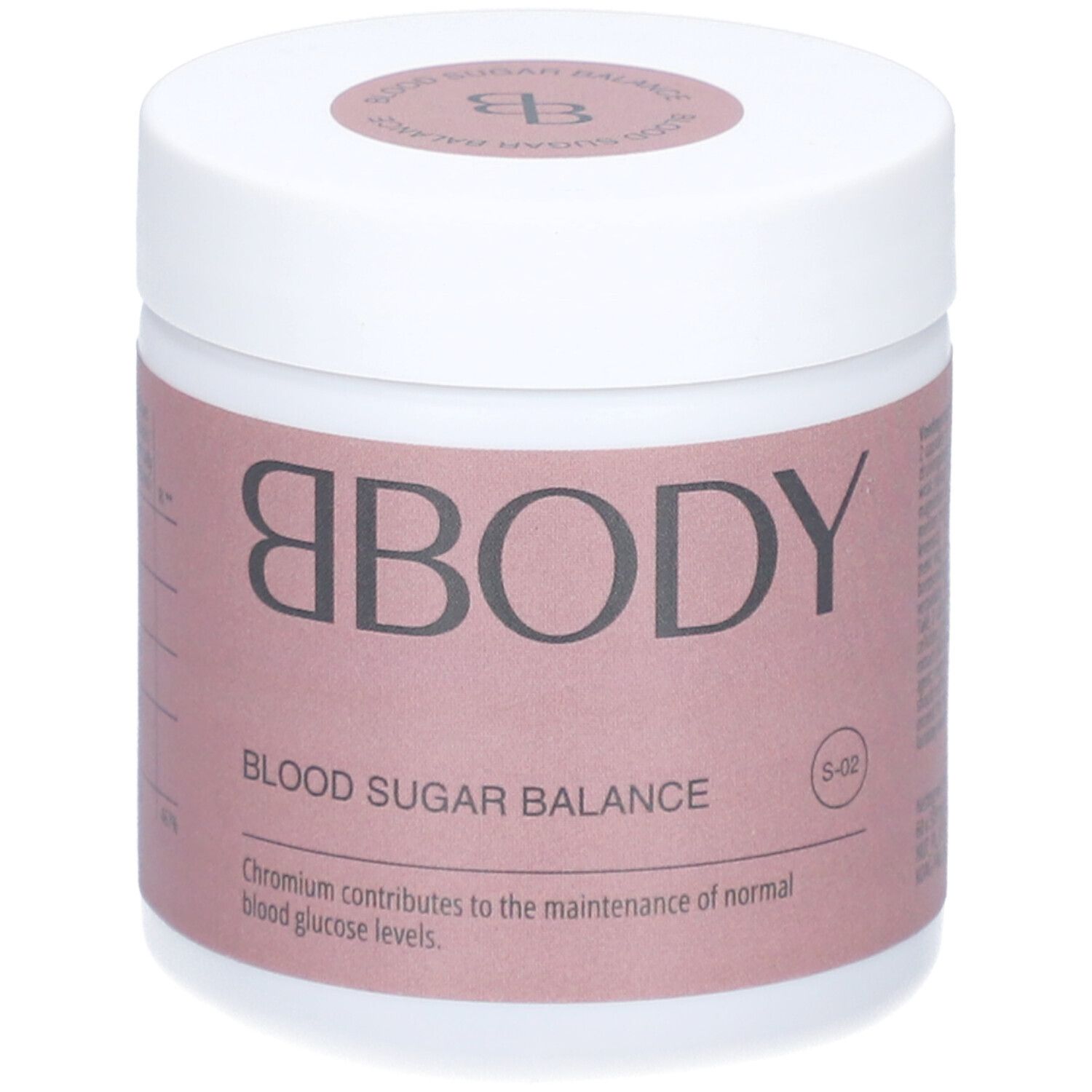 Récipient rond blanc avec étiquette rose. Inscription: BBODY, Blood Sugar Balance. Couvercle avec logo BBODY.