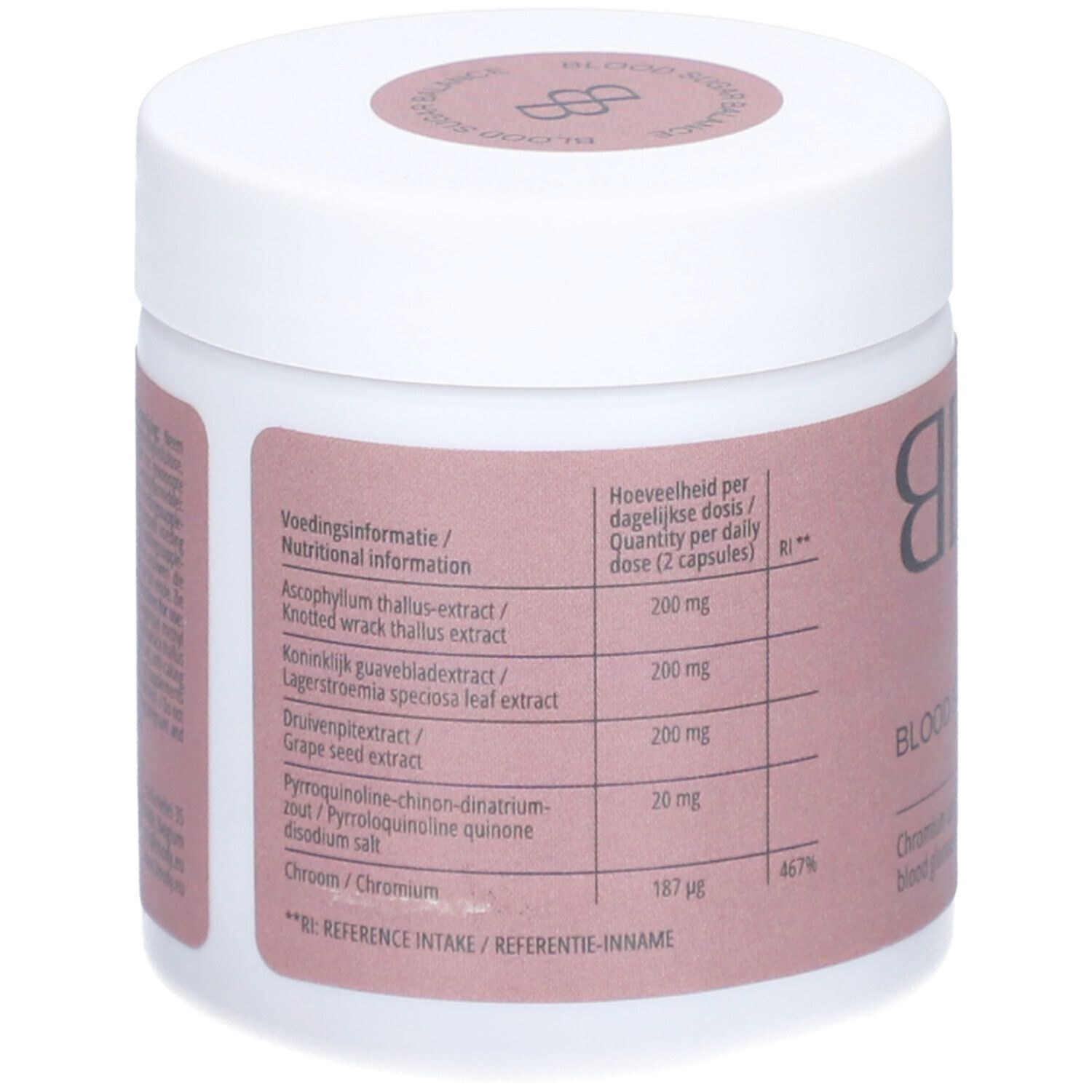 Récipient rond blanc avec étiquette rose. Inscription: BBODY, Blood Sugar Balance. Informations nutritionnelles sur le côté.