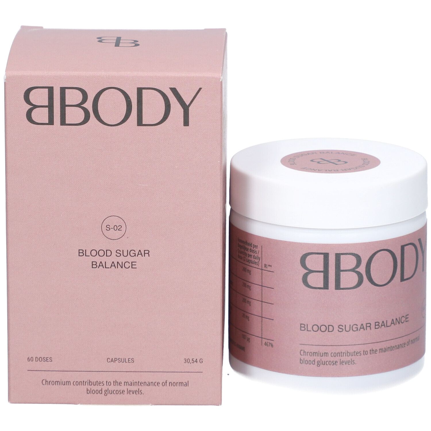 Emballage du produit avec boîte et carton. Boîte: blanche, ronde, étiquette rose. Carton: rose, inscription BBODY, Blood Sugar Balance.