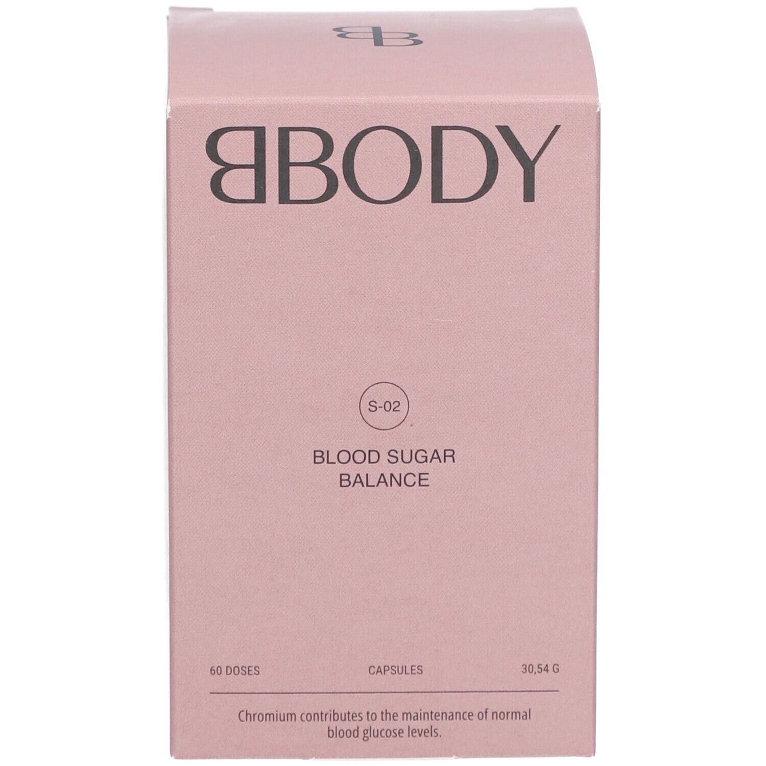Boîte rose avec inscription BBODY, Blood Sugar Balance. Contient 60 gélules. Logo S-02.