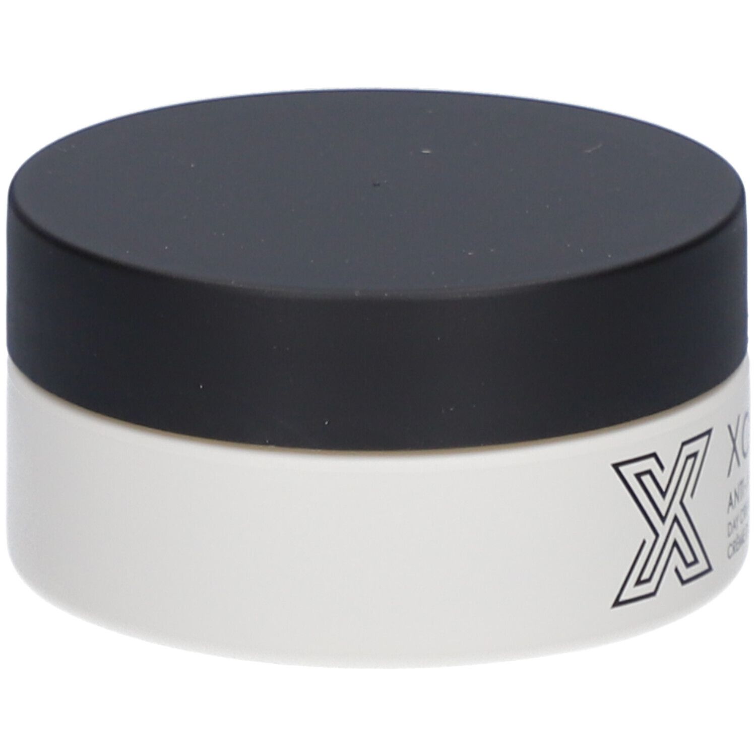 Xantho Anti-Aging Tagescreme LSF 20, weißer Tiegel mit schwarzem Deckel, Seitenansicht.
