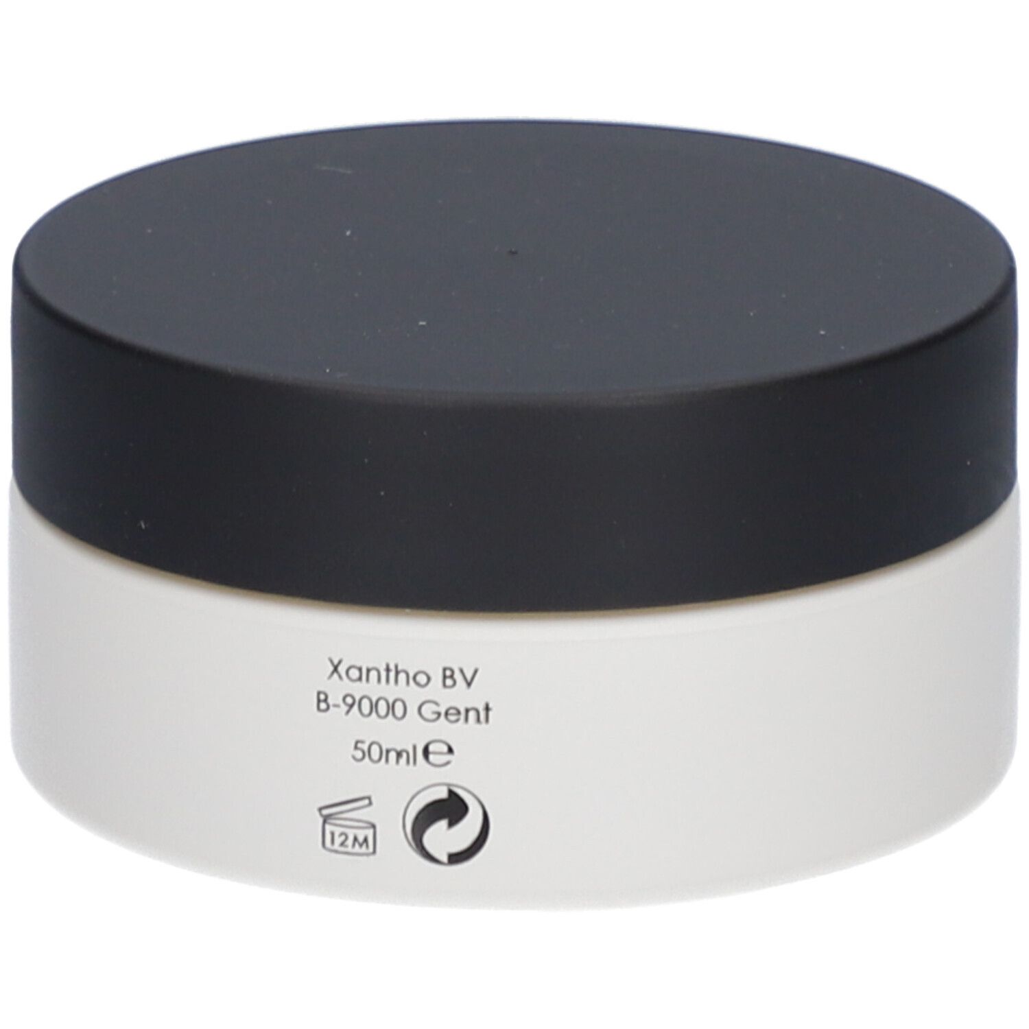 Rückseite des Tiegels Xantho Anti-Aging Tagescreme LSF 20 mit 50ml Angabe und Recycling-Symbolen.