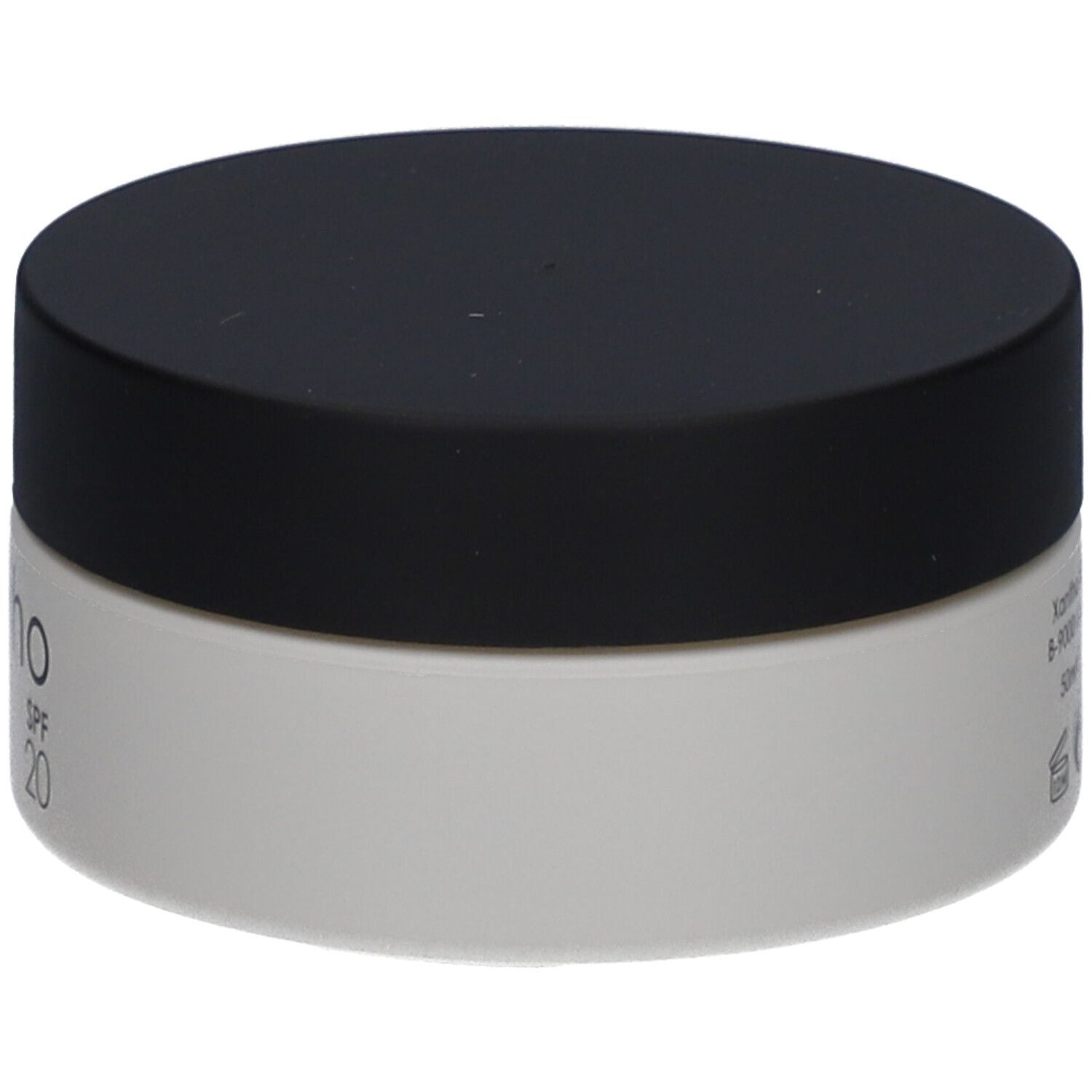 Xantho Anti-Aging Tagescreme LSF 20, weißer Tiegel mit schwarzem Deckel, leicht schräg.