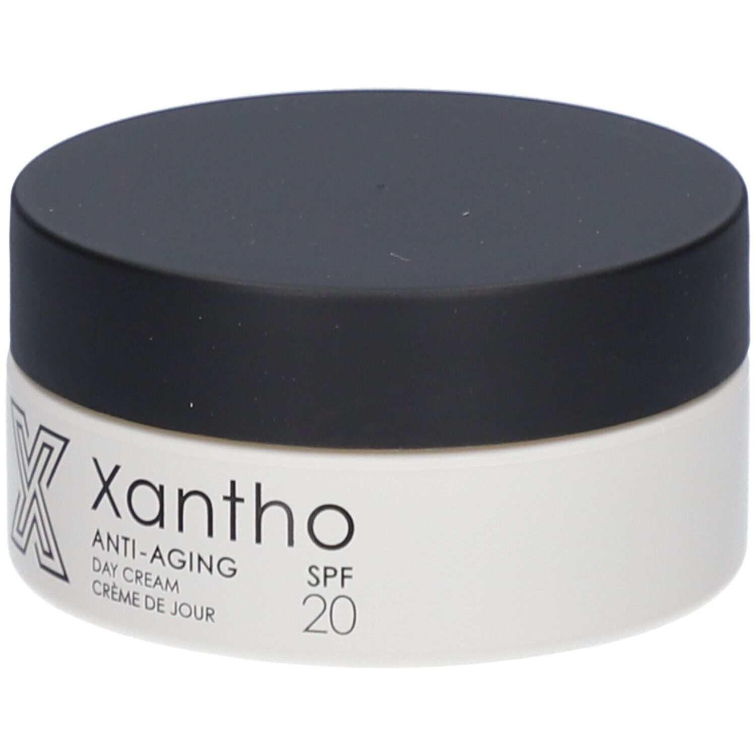 Xantho Anti-Aging Tagescreme LSF 20 in weißem Tiegel mit schwarzem Deckel, Vorderansicht.