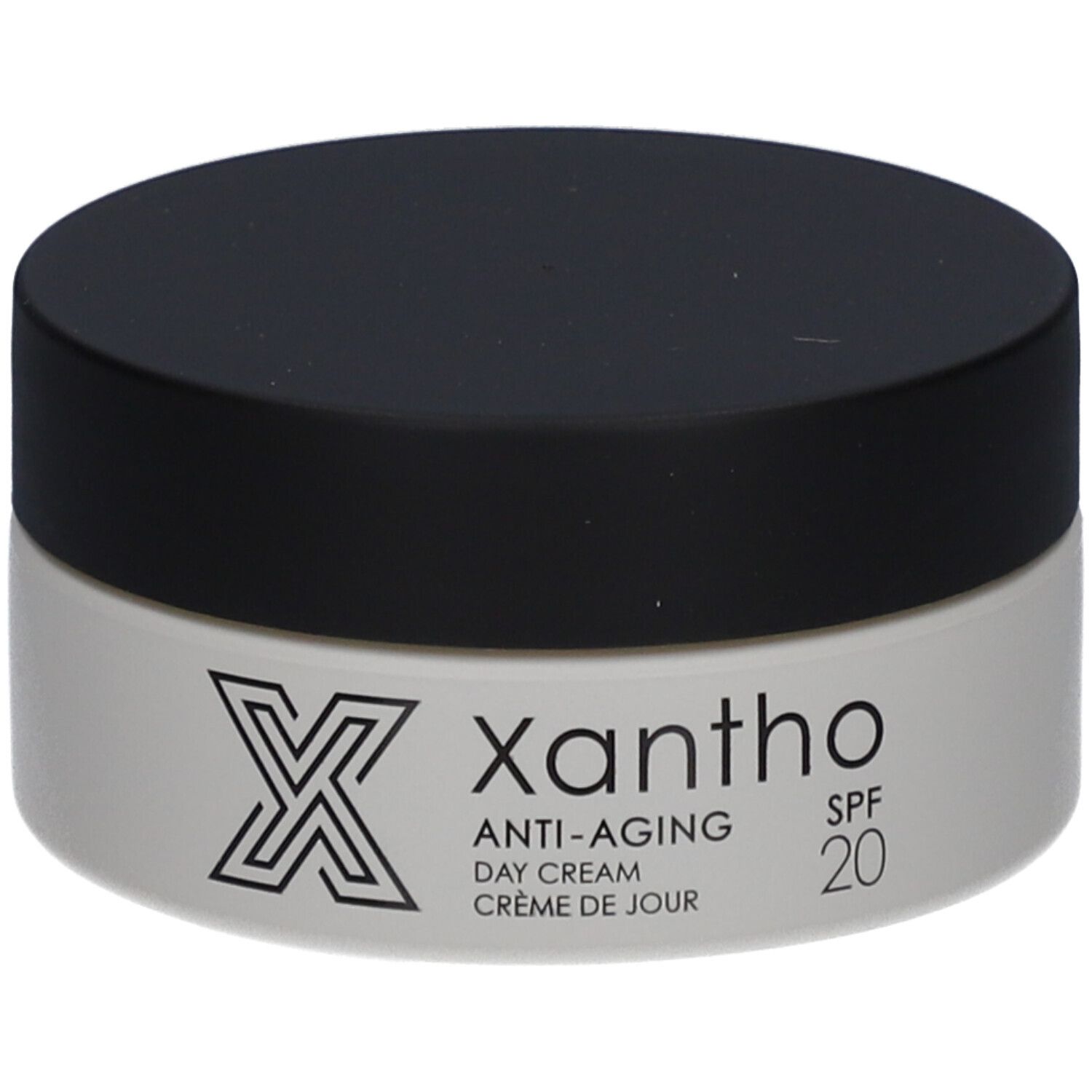 Xantho Anti-Aging Tagescreme LSF 20, weißer Tiegel mit schwarzem Deckel, Frontalansicht.
