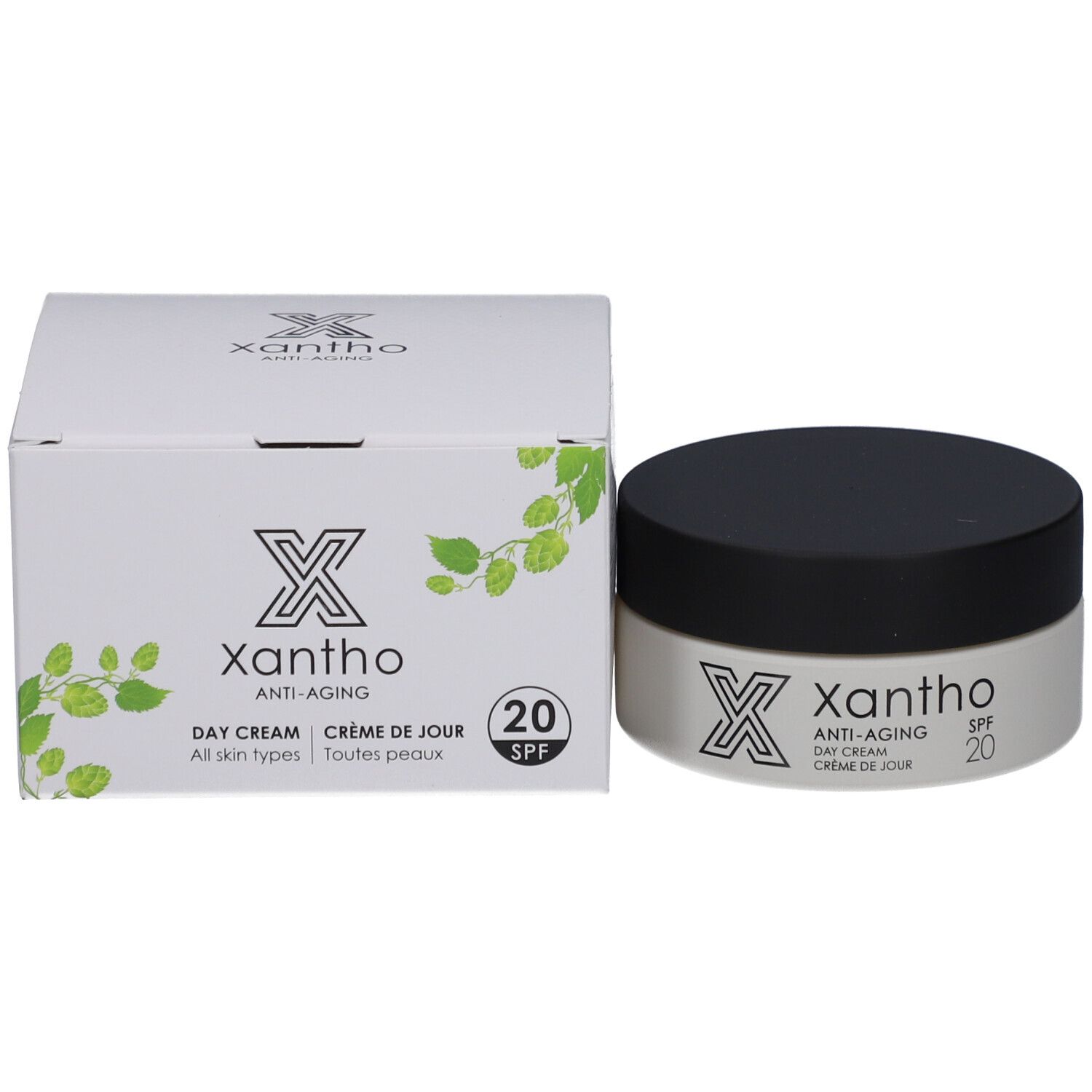 Xantho Anti-Aging Tagescreme LSF 20 und Verpackungsschachtel mit Blättermotiv.