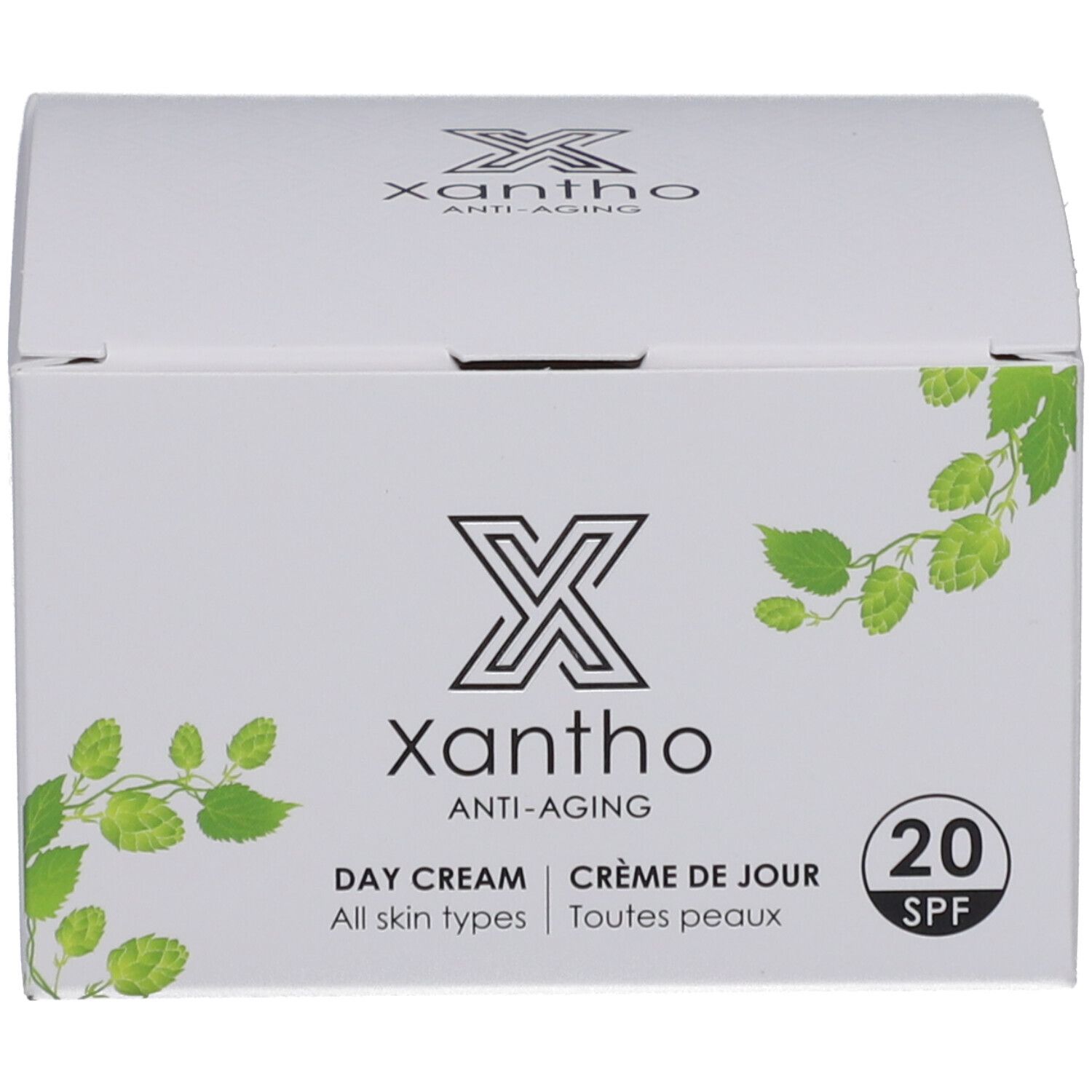 Verpackungsschachtel der Xantho Anti-Aging Tagescreme LSF 20 mit Blättern und LSF 20-Symbol.