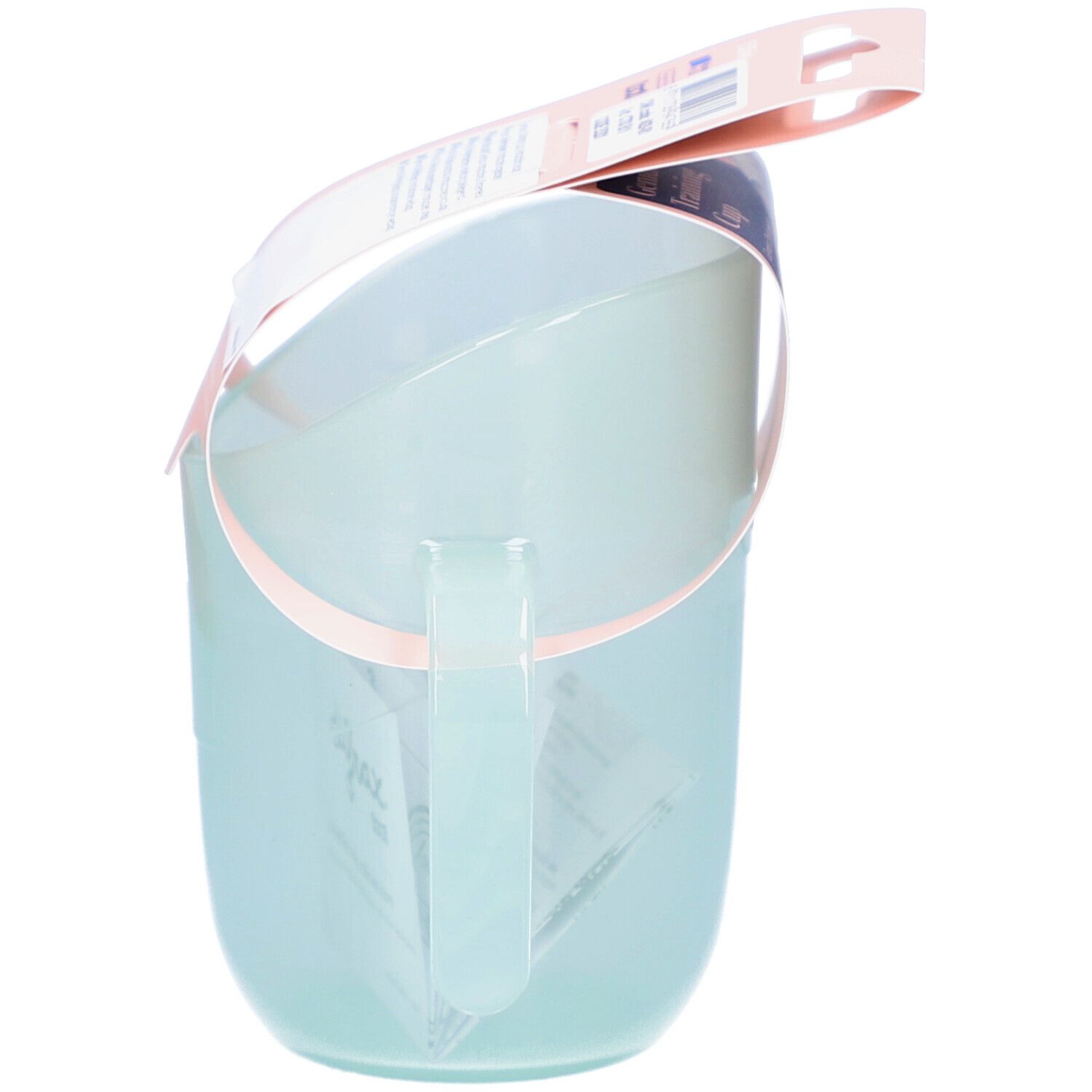 Hellblauer Trinklernbecher mit Griff und rosa Halterung. Verpackung mit Produktinformationen.