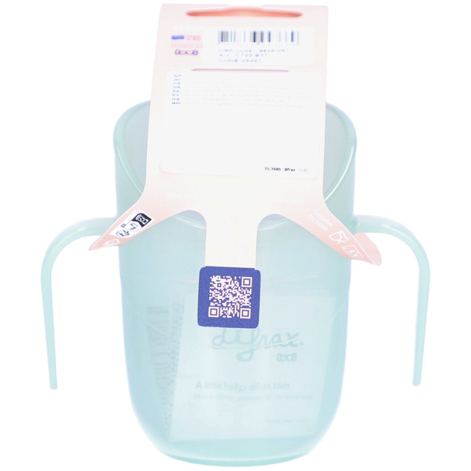 Hellblauer Trinklernbecher mit Griffen und rosa Halterung. QR-Code und Markenlogo auf der Verpackung.