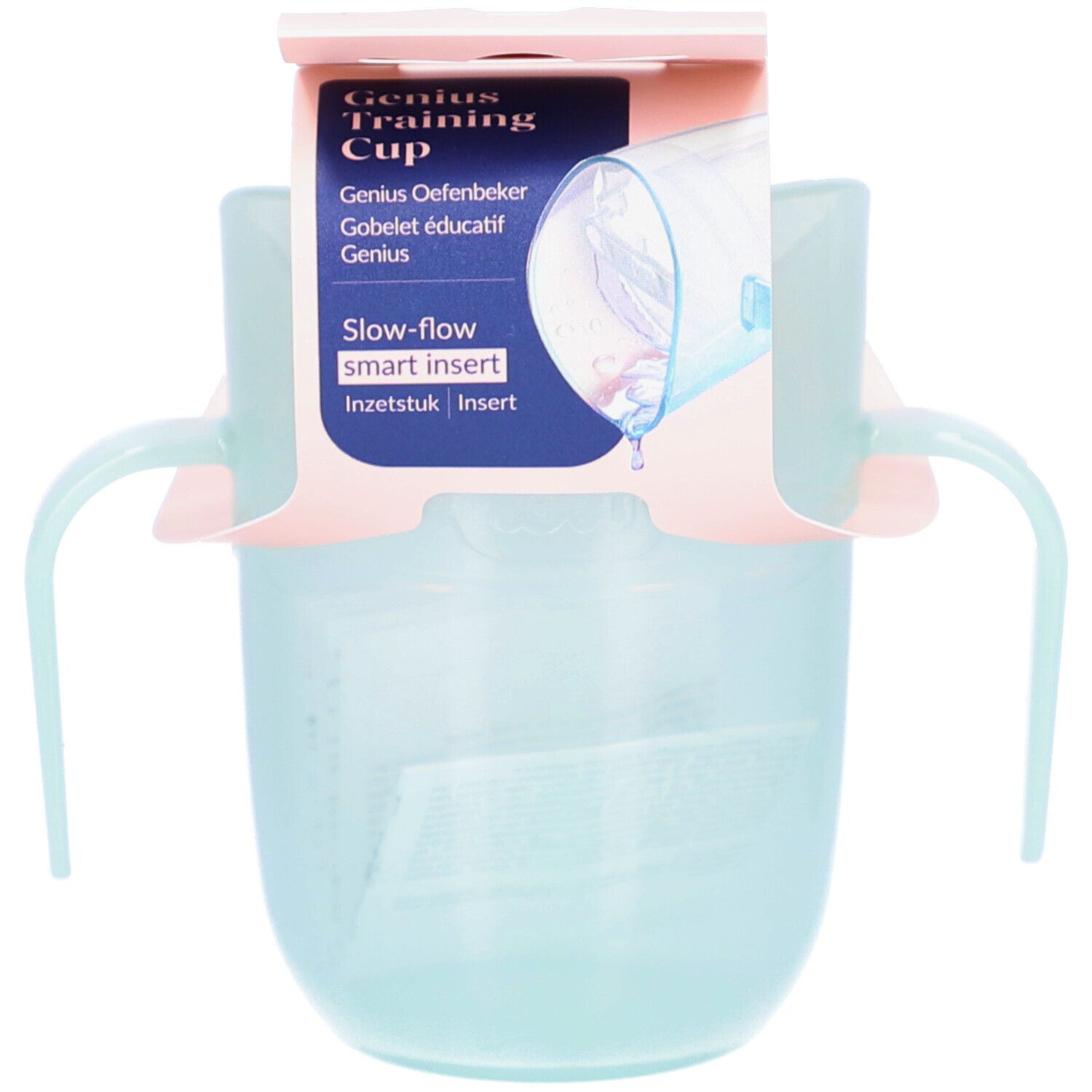 Hellblauer Trinklernbecher mit Griffen und rosa Halterung. Verpackung mit Produktnamen und Merkmalen.