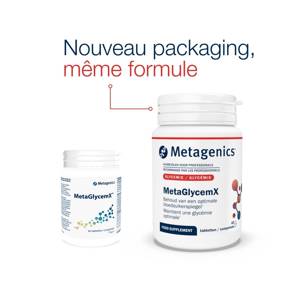 Deux flacons MetaGlycemX. Un petit et un grand flacon. Texte : Nouveau packaging, même formule.