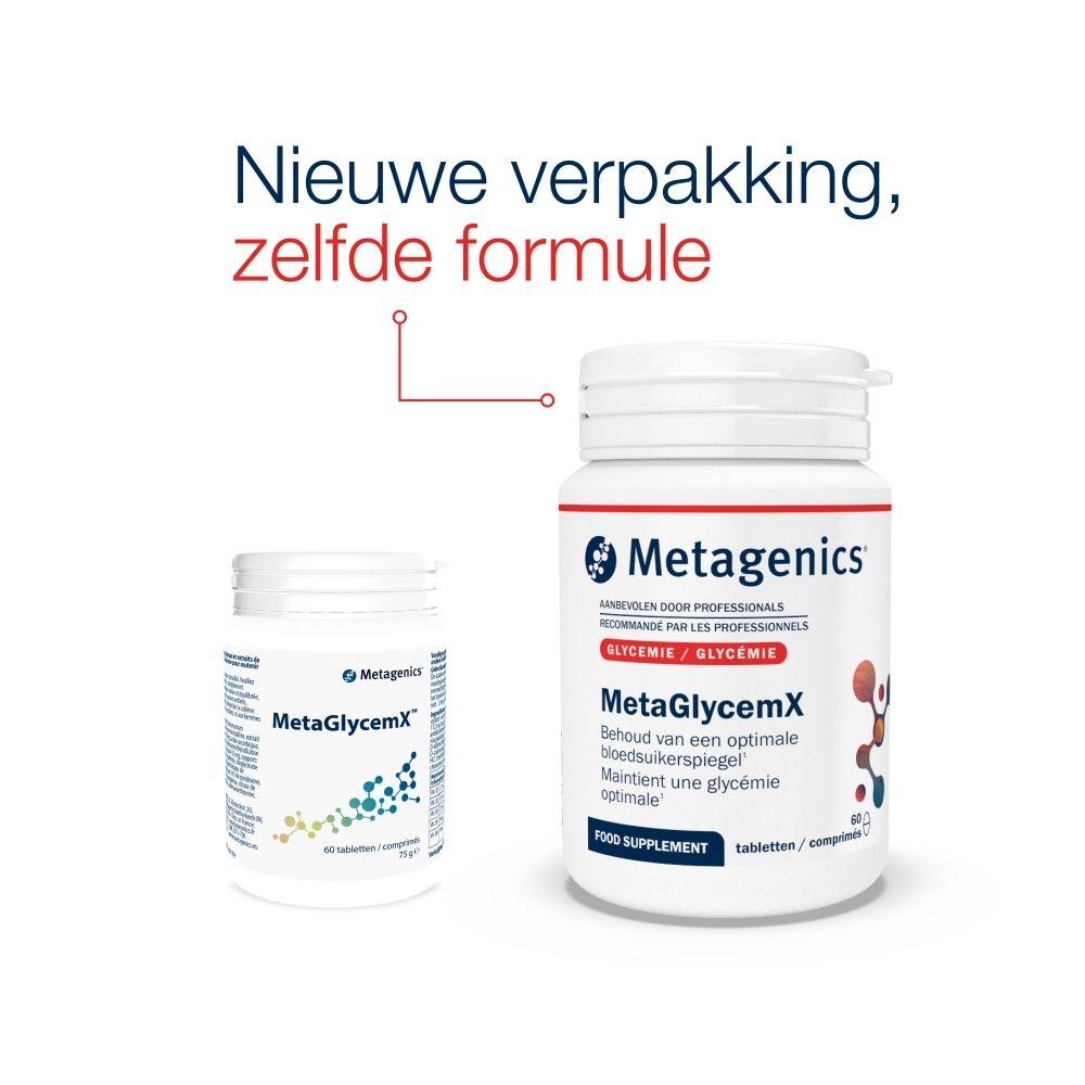 Twee flessen MetaGlycemX. Een kleine en een grote fles. Tekst: Nieuwe verpakking, zelfde formule.