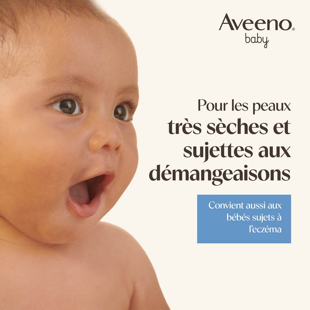 Visage de bébé. Texte: Pour les peaux très sèches et sujettes aux démangeaisons. Convient aussi aux bébés sujets à l'eczéma.