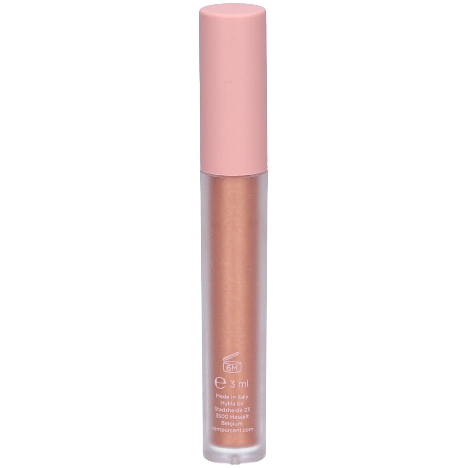 Kupferfarbener Eyelighter mit rosafarbenem Deckel. Aufschrift und Produktionsinformationen.