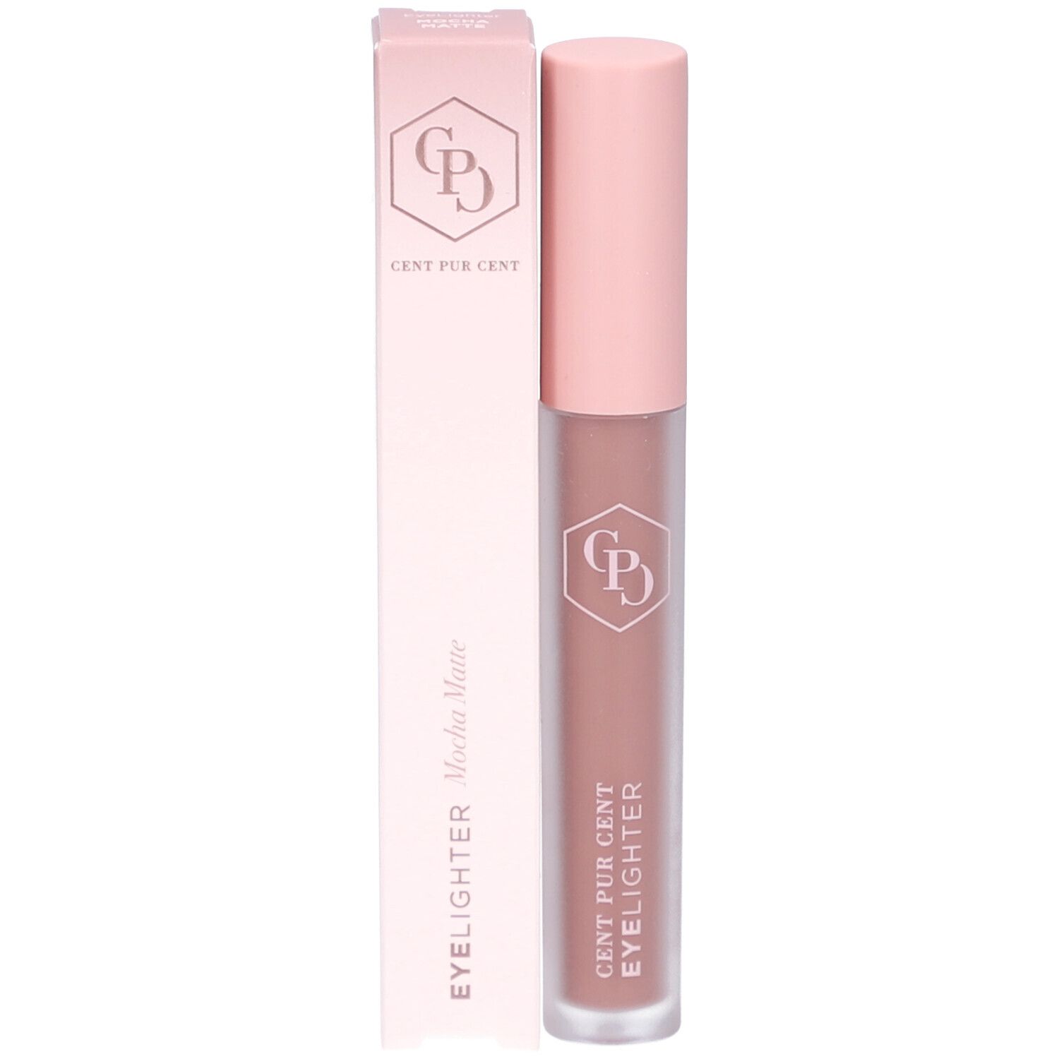 Lippenprodukt mit Verpackung. Aufschrift: CENT PUR CENT EYELIGHTER Mocha Matte.
