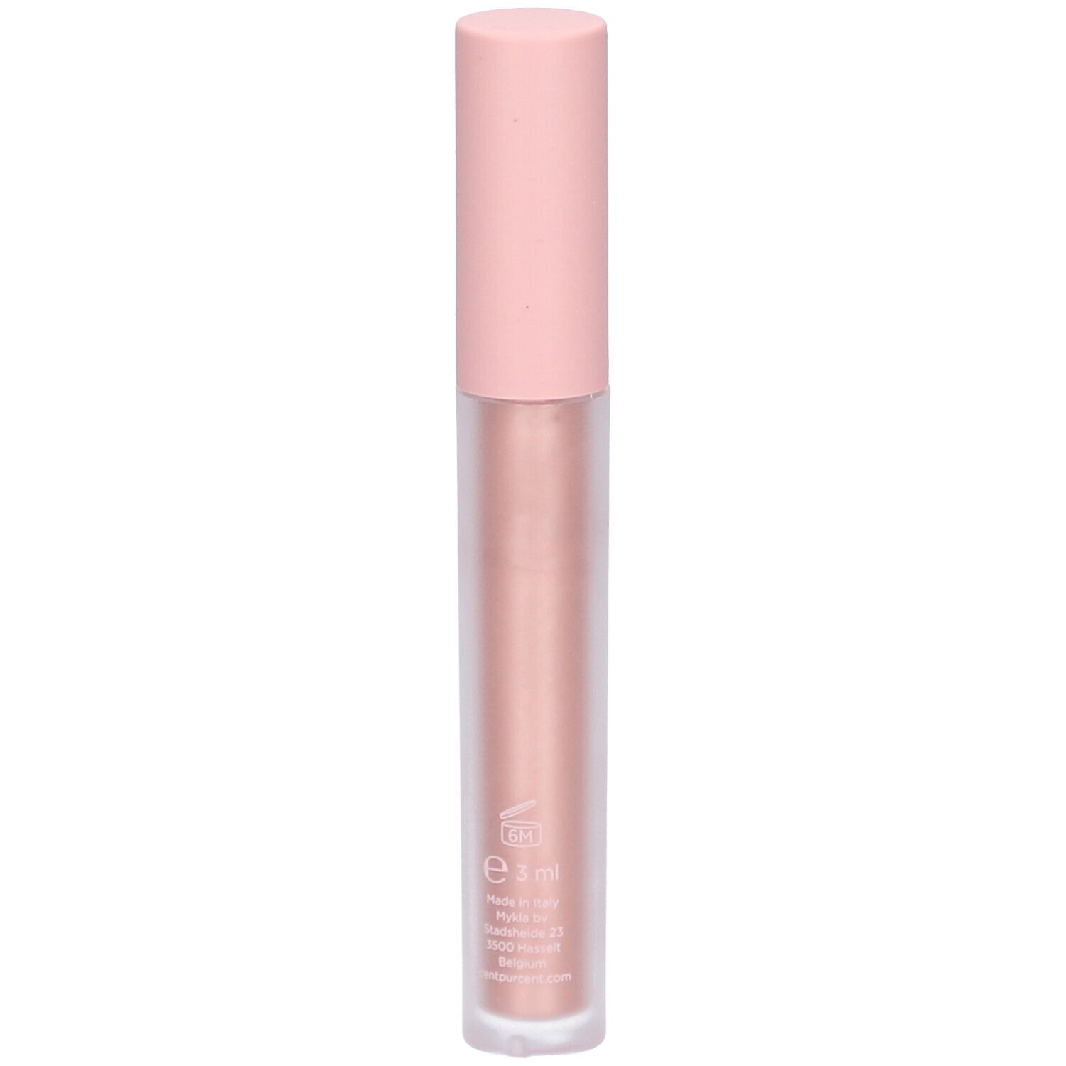 Rosafarbener Eyelighter-Stift mit rosafarbenem Deckel. Auf dem Stift steht ein Logo und weitere Informationen.