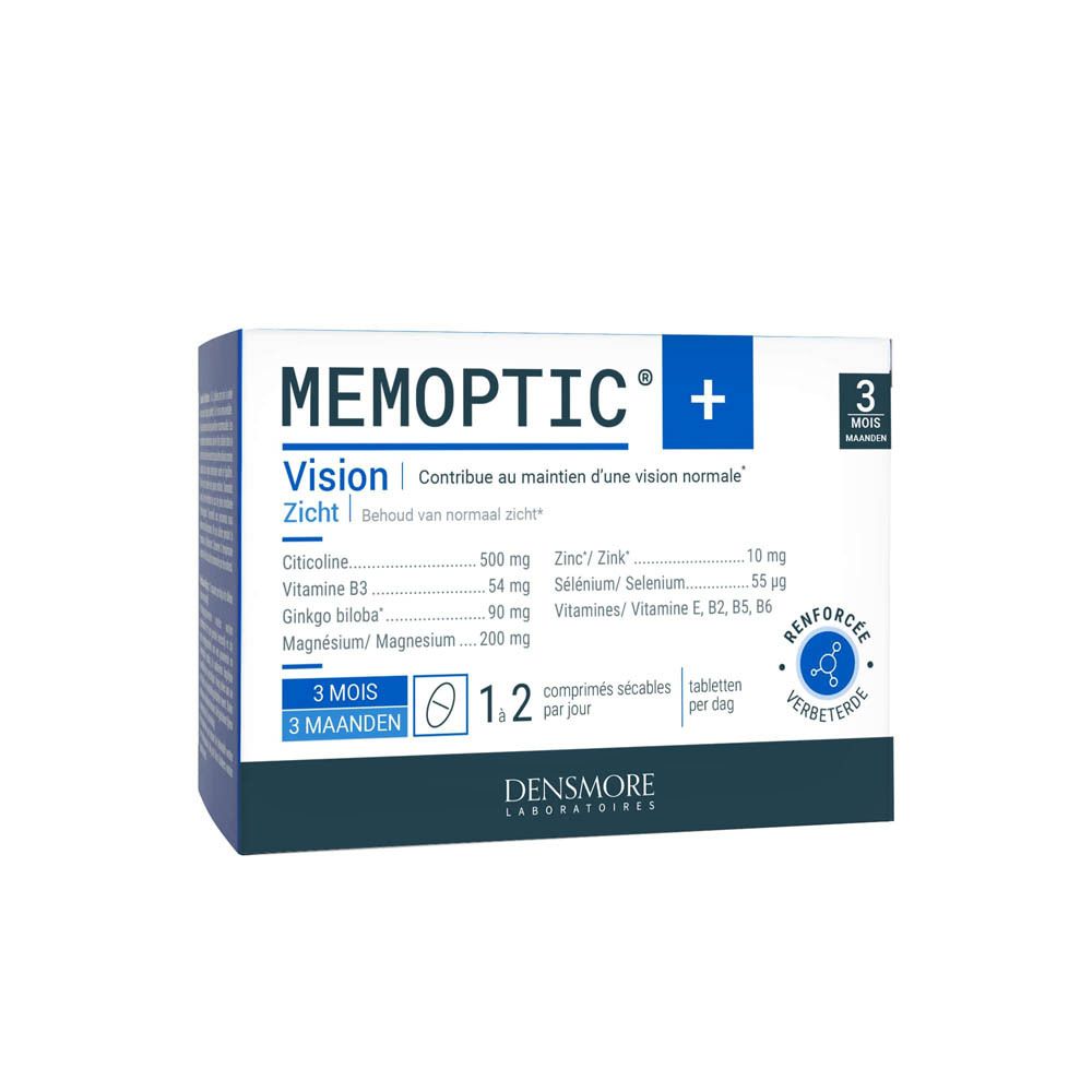 Boîte bleue avec informations produit. Contient Memoptic® +, Vision, 3 mois. Ingrédients et informations nutritionnelles.