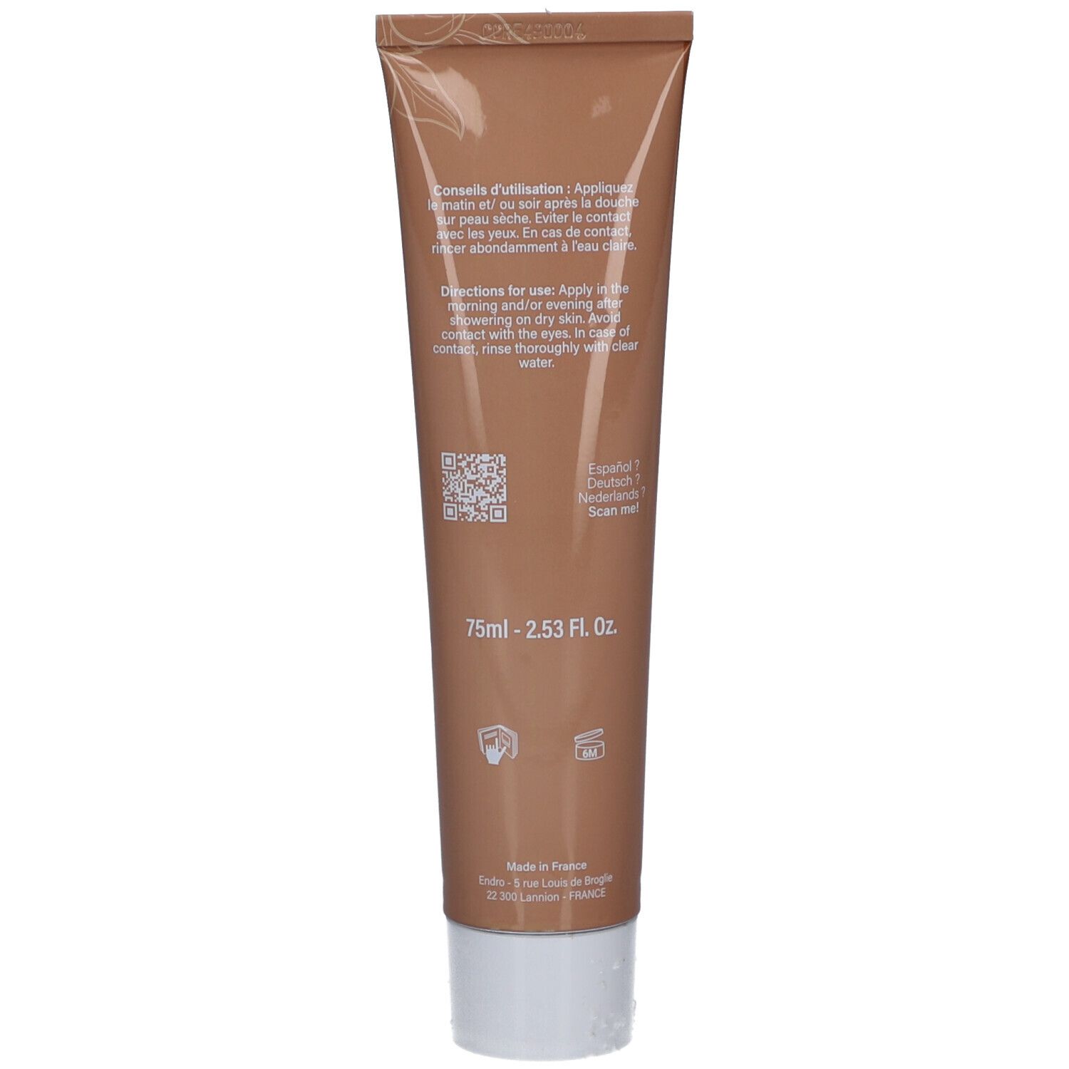 Rückseite der Tube. Text in mehreren Sprachen. QR-Code. Volumen: 75ml. Hergestellt in Frankreich.
