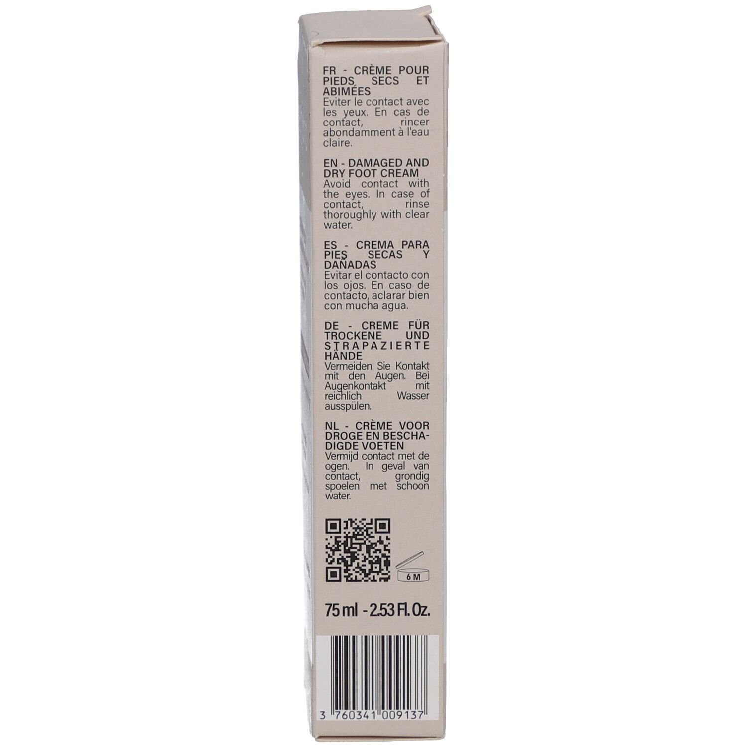 Beige Tube mit weißem Verschluss. Aufschrift: Endro, Crème Pieds, Absorption Rapide, Nutri-Réparatrice. Bio-Siegel.