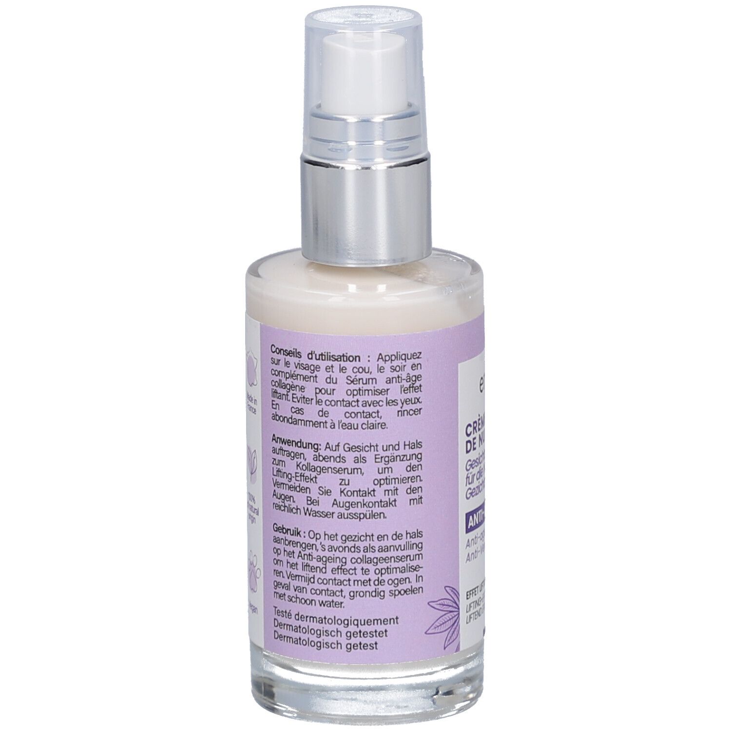 Rückseite des Creme-Flakons. Text: Anwendungshinweise in Deutsch, Französisch und Niederländisch. Dermatologisch getestet.