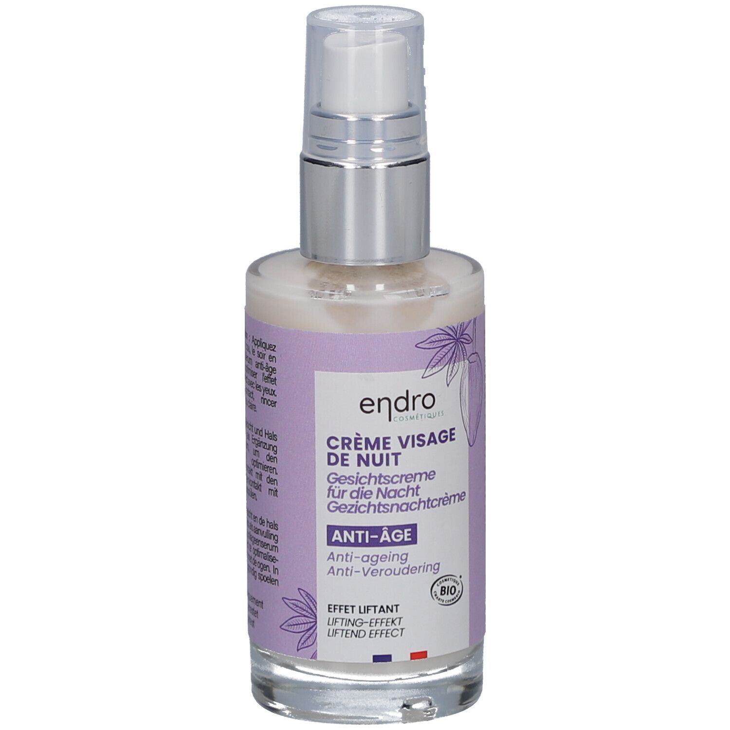 Creme-Flakon mit Pumpverschluss. Aufschrift: endro CRÈME VISAGE DE NUIT Anti-âge. Bio-Zertifizierung.