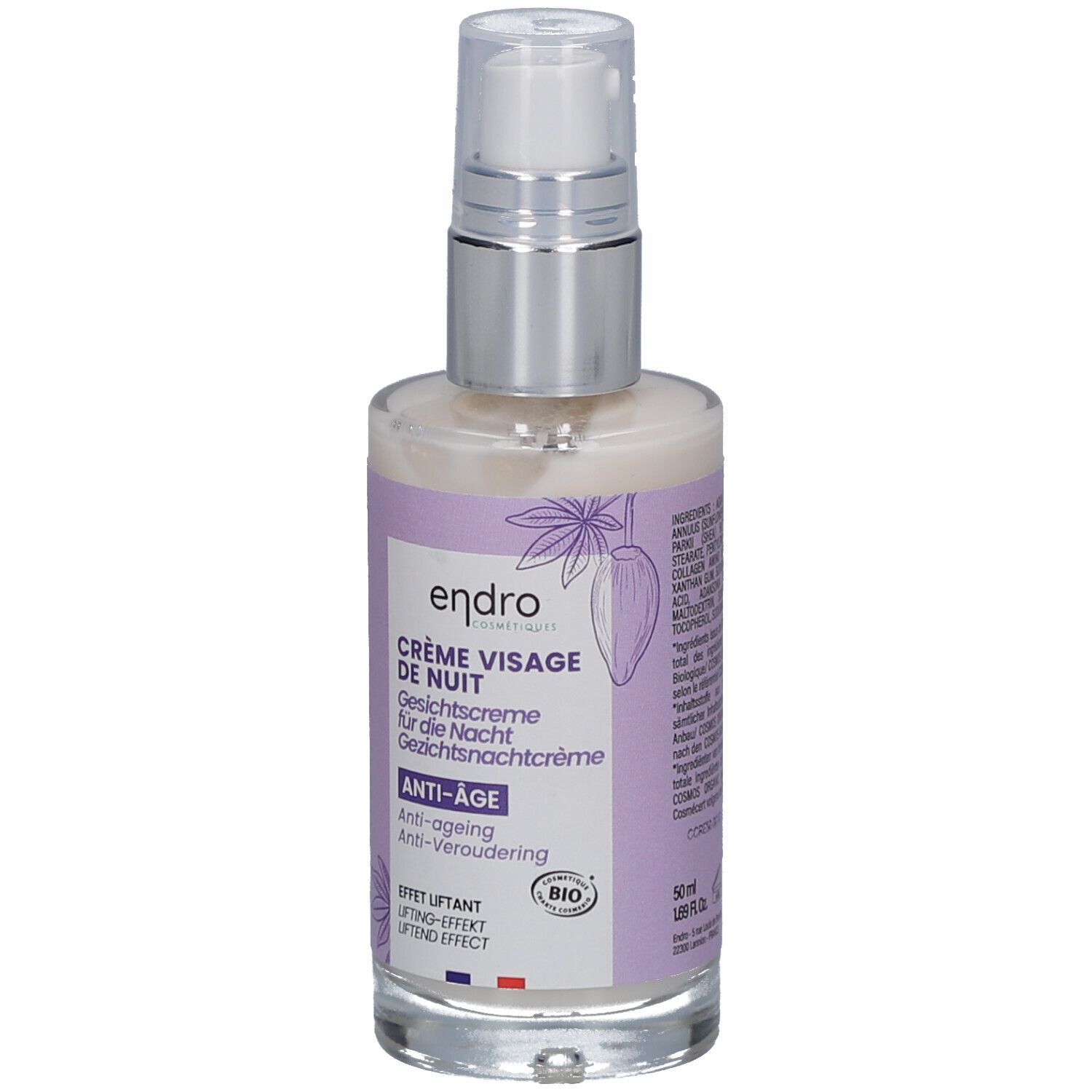 Creme-Flakon mit Pumpverschluss. Aufschrift: endro CRÈME VISAGE DE NUIT Anti-âge. Volumen: 50 ml.