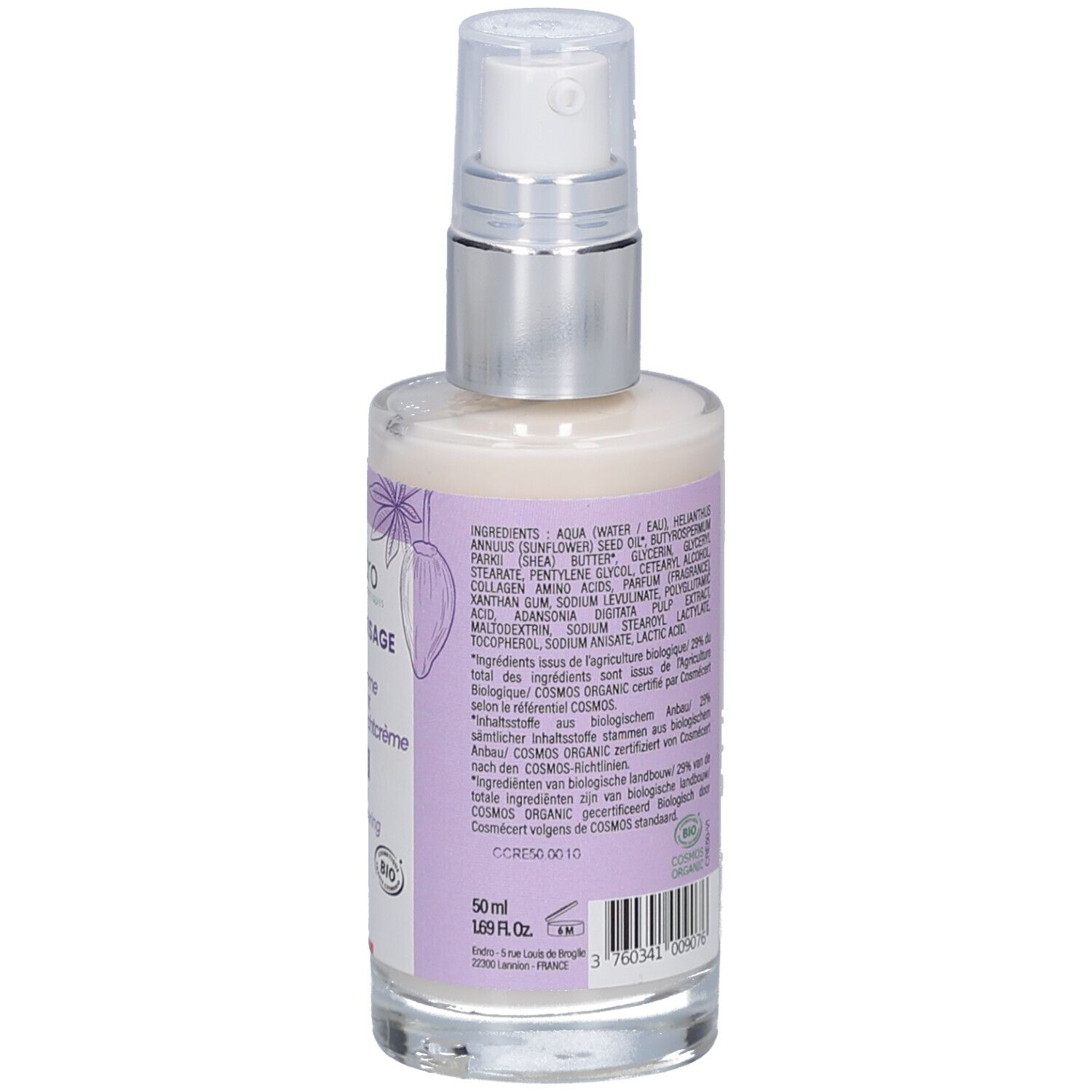 Rückseite des Creme-Flakons. Text: Inhaltsstoffe, Volumen 50 ml, Barcode, Bio-Zertifizierung.