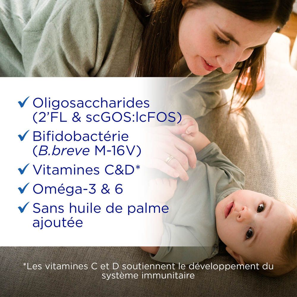 Liste d'ingrédients : Oligosaccharides, Bifidobactéries, Vitamines C&D, Oméga-3&6, sans huile de palme.