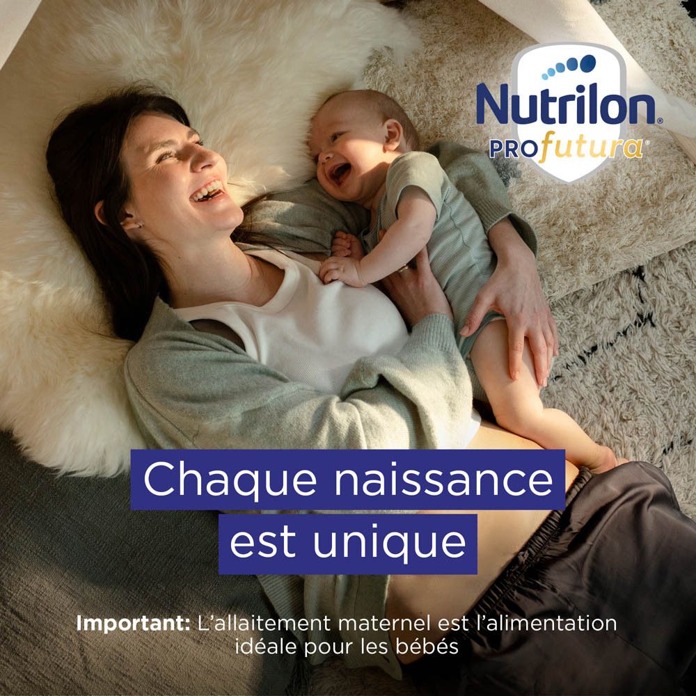 Femme avec bébé sur une couverture, logo Nutrilon PROfutura en haut à droite.